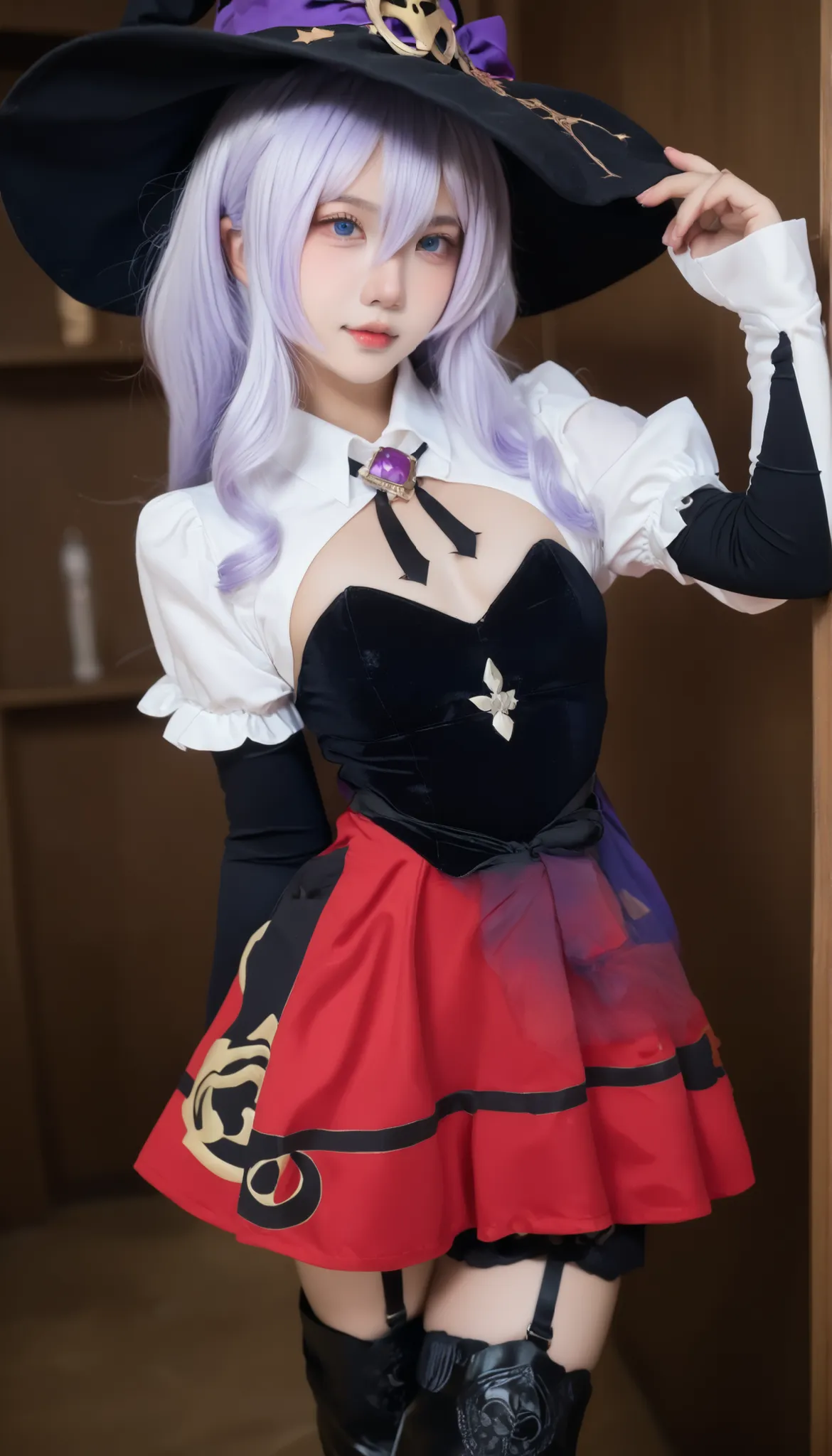 nagomis1_cnr, 1girl, light purple hair, hair between eyes, blue eyes, small breasts, witch hat, red dress, s, white dress, two-tone dress,white leotard, puffy sleeves, garter straps, black thighhighs, thigh boots