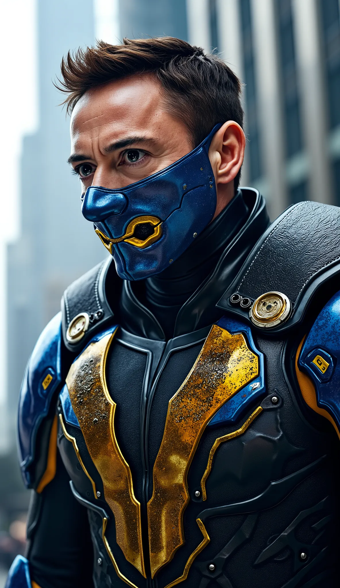 ROBERT DOWNEY JR super realistic sub-zero from Mortal Kombat with his blue metal mask with gold metal details that covers his mouth and a luxury watch on his right wrist, high quality wall street background with shiny buildings mirrored in blue and people ...