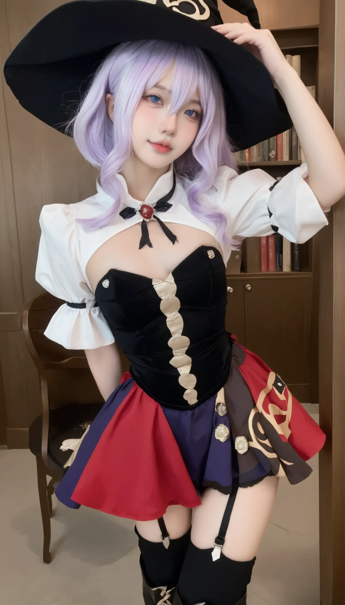 nagomis1_cnr, 1girl, light purple hair, hair between eyes, blue eyes, small breasts, witch hat, red dress, s, white dress, two-tone dress,white leotard, puffy sleeves, garter straps, black thighhighs, thigh boots, pele real,textura da pele,traços faciais d...