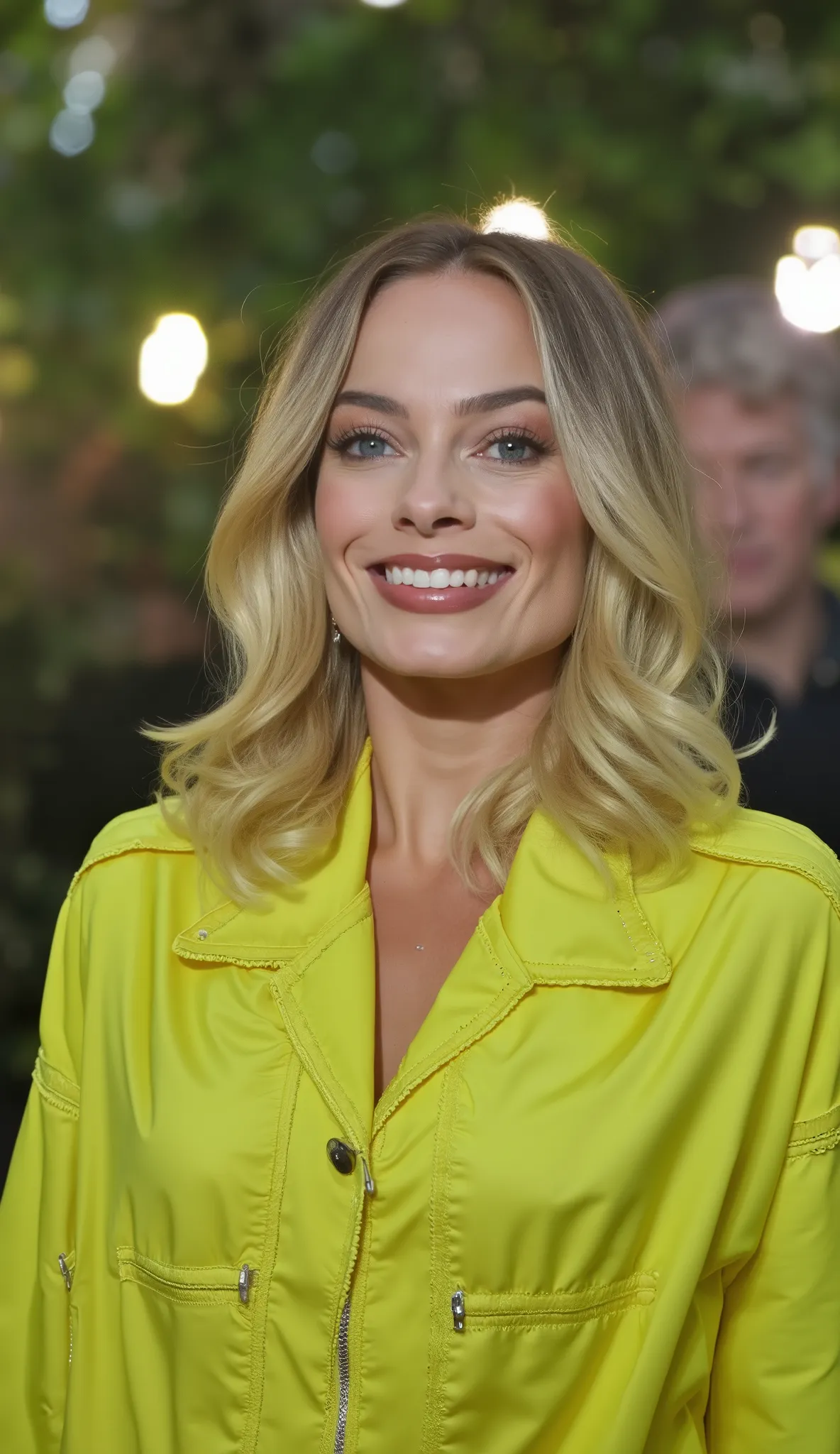 Margot Robbie in a mega-realistic lemon green jacket in high quality, Background with trees and lamps that shine on her clothes