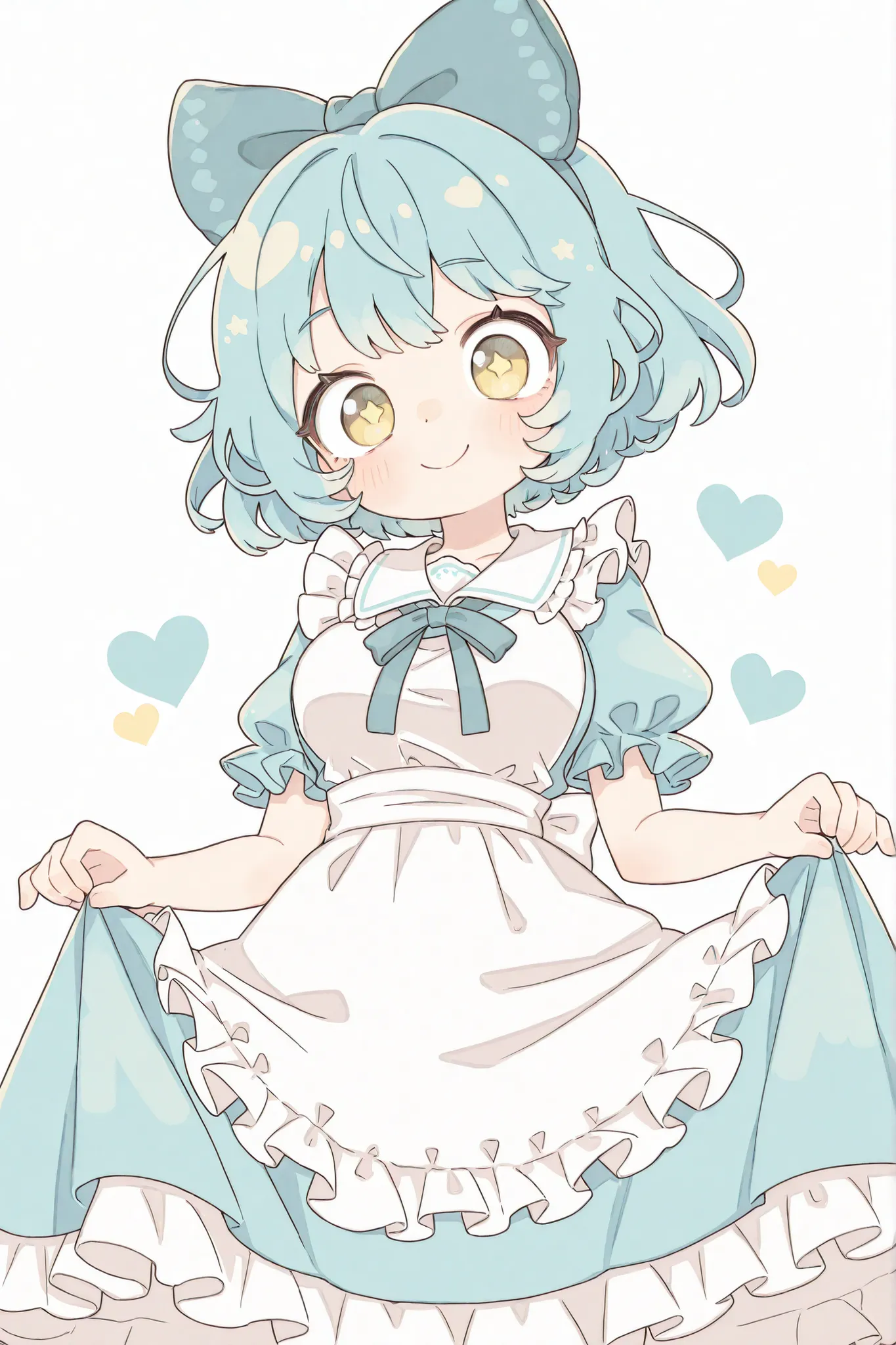 solo, 1girl\(cute, cute,small ,Sky blue hair,Yellow Eyes,detailed pupils, Wear a dress\(Alice in Wonderland\), big eyes,smile,cute pose,,fur from below,anthro,dynamic angle\). plain background\(simple,cute,Sign symbol\(hearts,Star\)\). BREAK .. BREAK .mast...