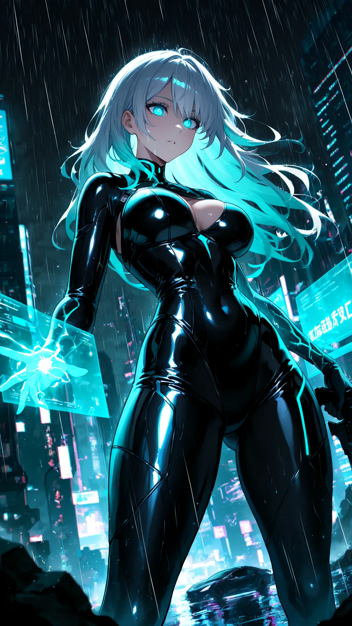 Vyxen — The Cybernetic Ghost (SeaArt Prompt)
Prompt:
A stunning anime-style young woman, 8–20, with long silver-black gradient hair and glowing teal eyes, one of which flickers with a digital HUD interface. Her skin is pale with cybernetic etchings tracing...