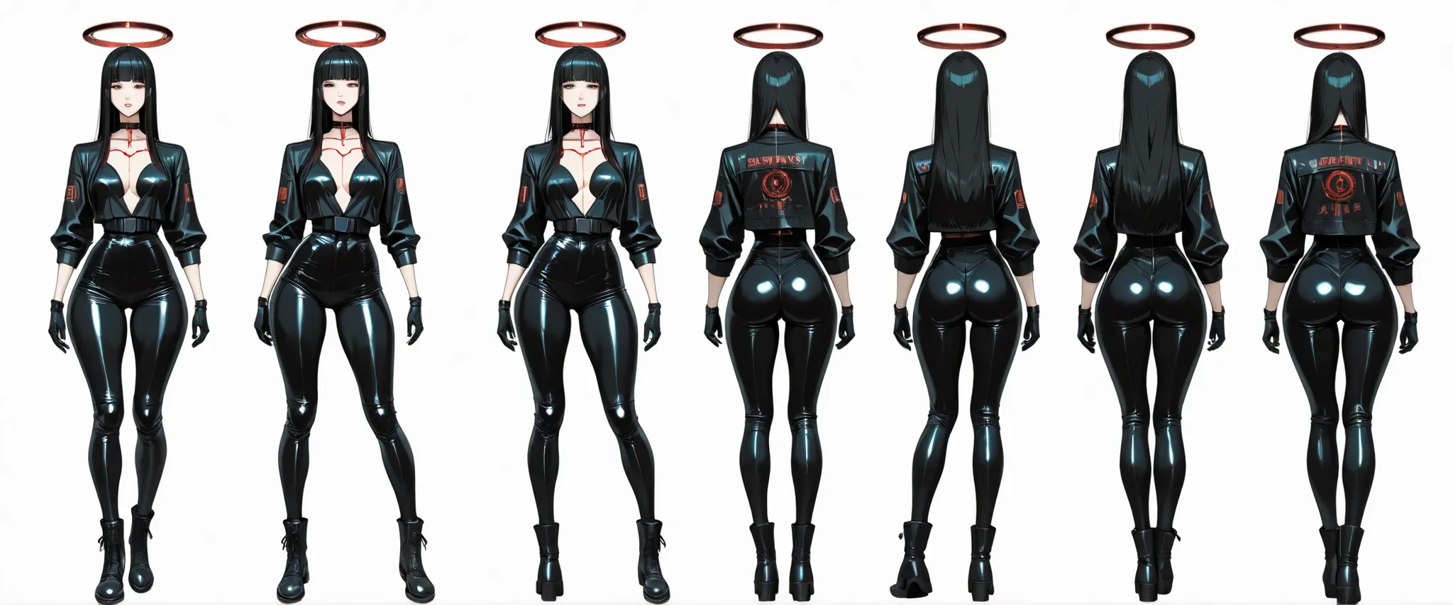 A very beautiful 28 year old adult woman, tall, sexy body, curvy, big legs, with a mixed oriental face, straight hair with straight bangs, white cyberpunk style hair, long hair, She wears a black leather cyberpunk gotigo dress, her neck is long and she wea...