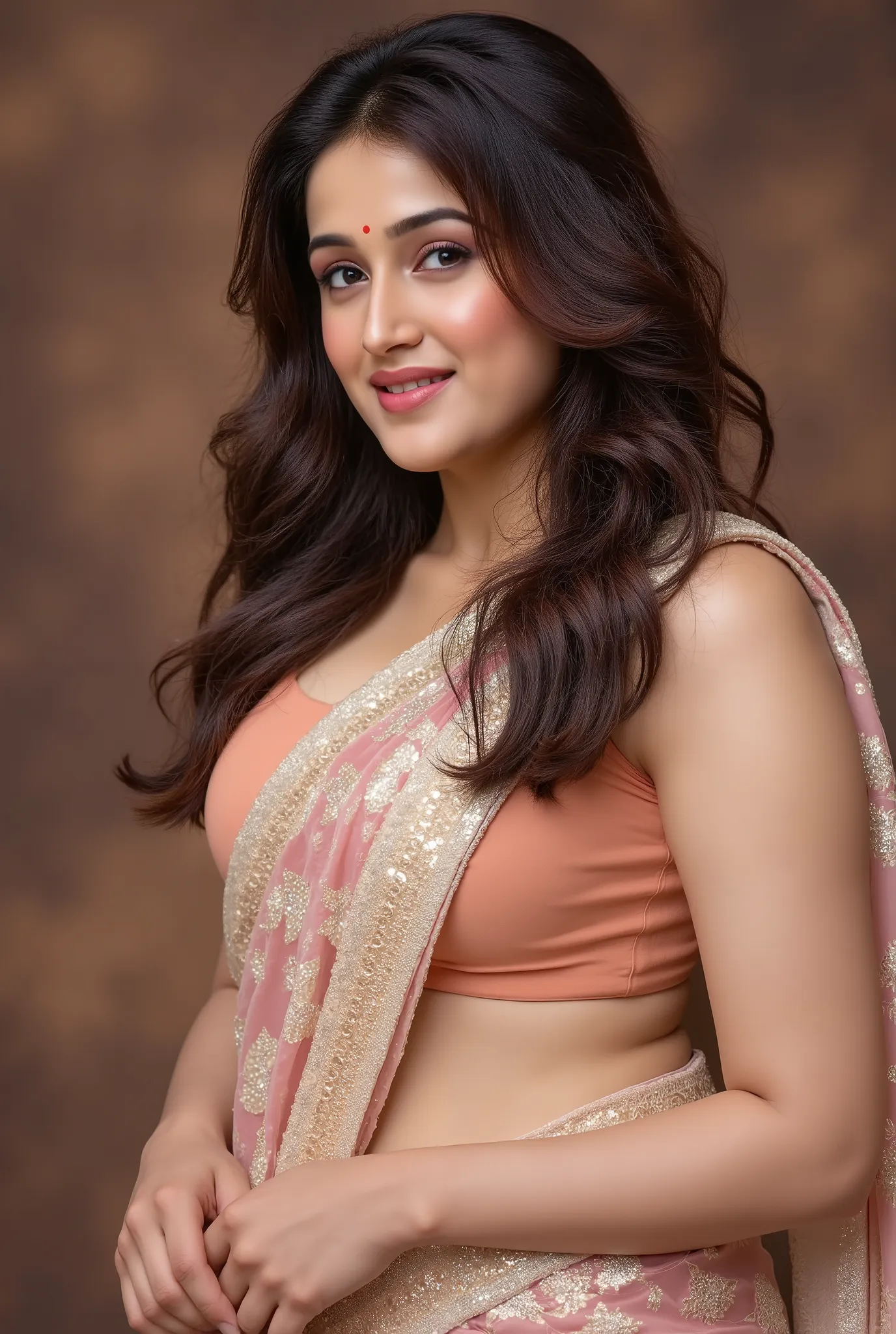 Indian woman showing cleavage by bending down in saree, oversized blouse, erotic, seducing, saree, blouse, sexy facial expressions , indian traditional outfits, boobs valley, closeup photography, prime lens cinematic, professional extra exposure