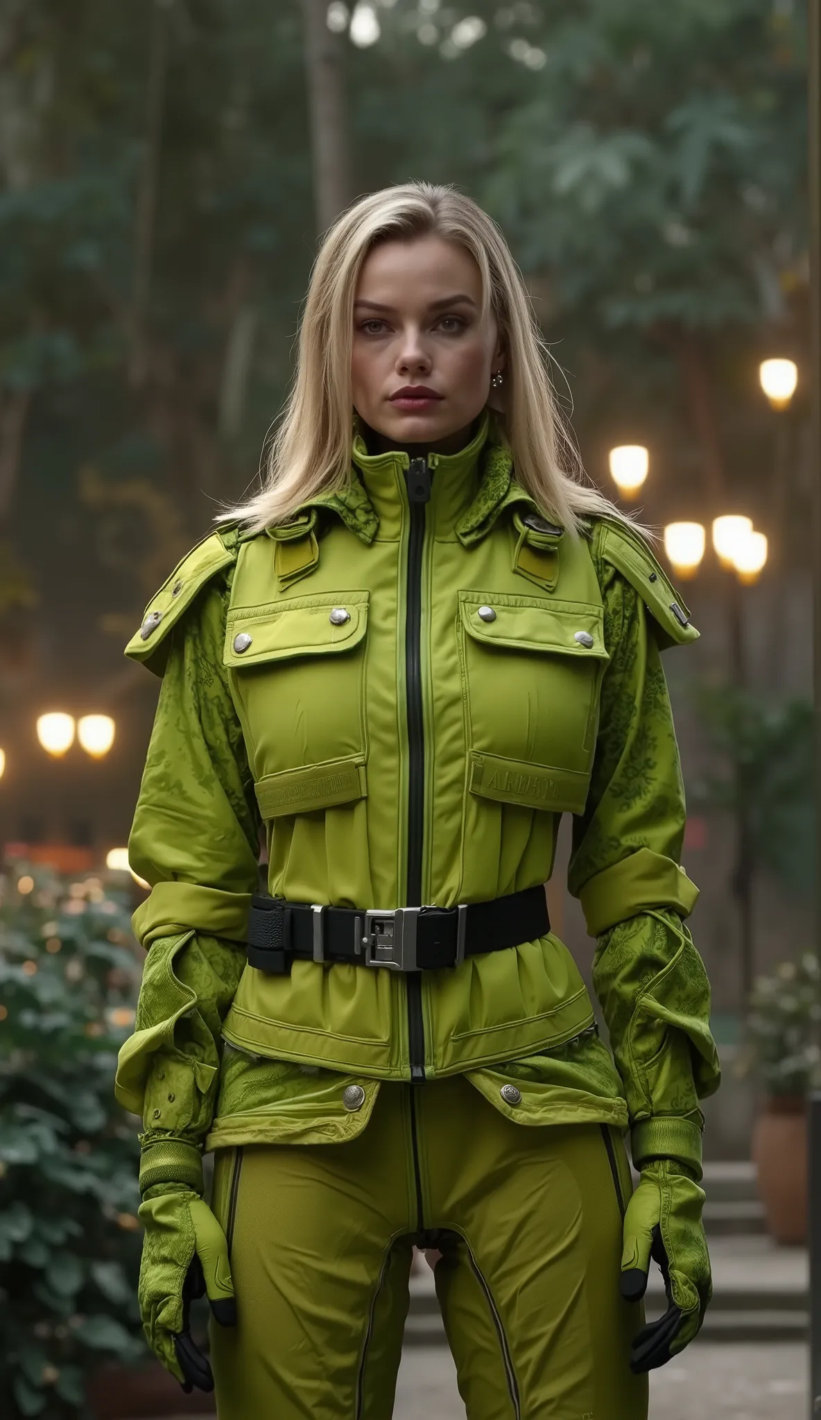 Margot Robbie by Sonya blade in lime green tattita military long sleeve clothing, Mega-realistic in high quality, Background with trees and lamps that shine on her clothes
