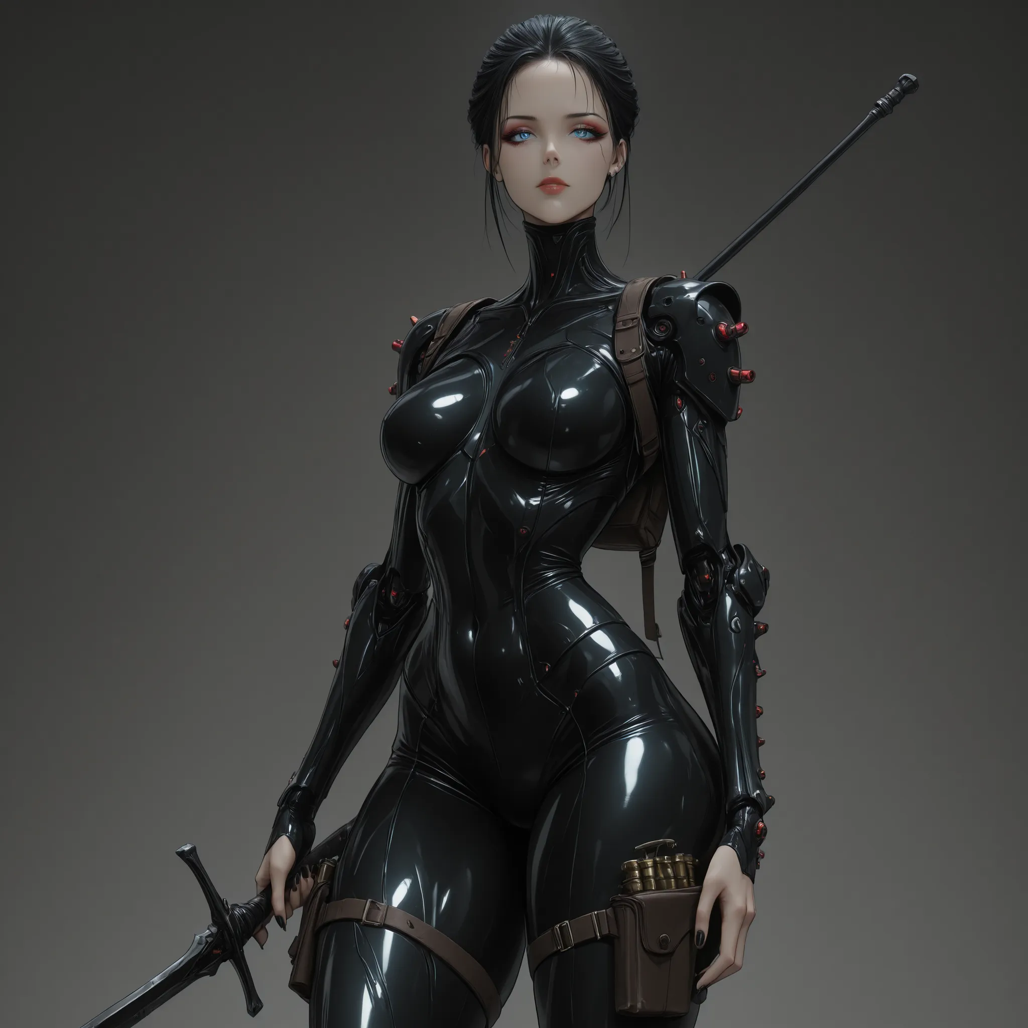 masterpiece, best quality, incredible quality, hyper-detailed, latest, very aesthetic, 1 girl, She has one arm uncovered and all tattooed, the other arm has a bionic cyborg armor, she wears a black mini-blouse and it is very short showing the lower part of...