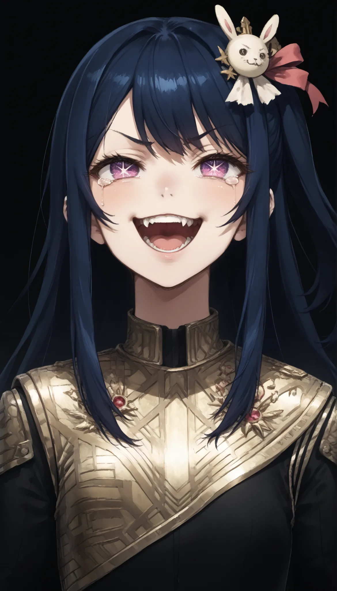 score_9, score_8_up, score_7_up,source_anime,BREAK, solo 1
hoshino_ai_oshi_no_ko, with blue hair
dressed in a body uniform and cape. metallic silver, with deep reds, blacks, or gold accents embodied mean sly evil stern half-closed eyes , fangs , teeth...