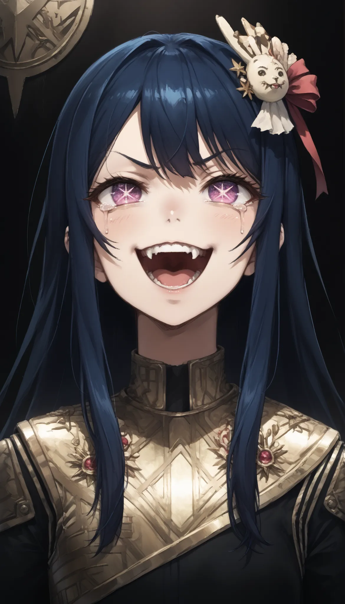 score_9, score_8_up, score_7_up,source_anime,BREAK, solo 1
hoshino_ai_oshi_no_ko, with blue hair
dressed in a body uniform and cape. metallic silver, with deep reds, blacks, or gold accents embodied mean sly evil stern half-closed eyes , fangs , teeth...