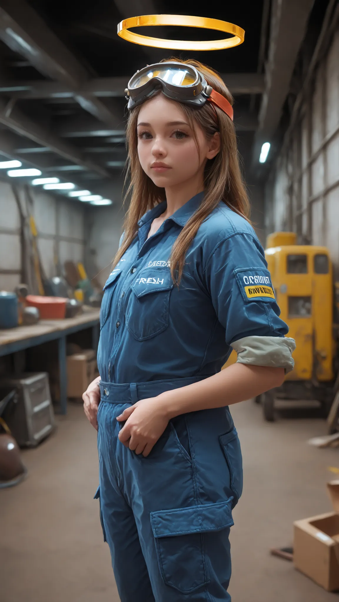 masterpiece, 最High Quality, High Quality, 8k, high resolution, Girl, mechanic engineer, industrial goggles,  work clothes, tool,  factory, anime style, Super Detailed, professional in fresh greenery, (((halo)))