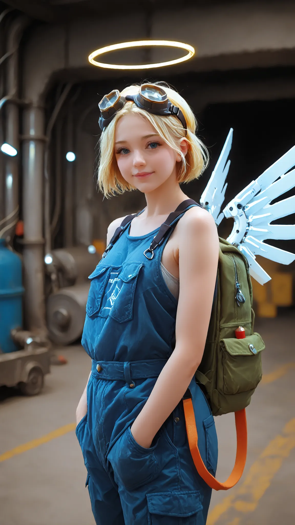 masterpiece, 最High Quality, High Quality, 8k, high resolution, Girl, mechanic engineer, ((industrial goggles)), dark blue workwear, tool,  factory, anime style, Super Detailed, professional in fresh greenery, detailed glowing (((halo))), machine backpack w...