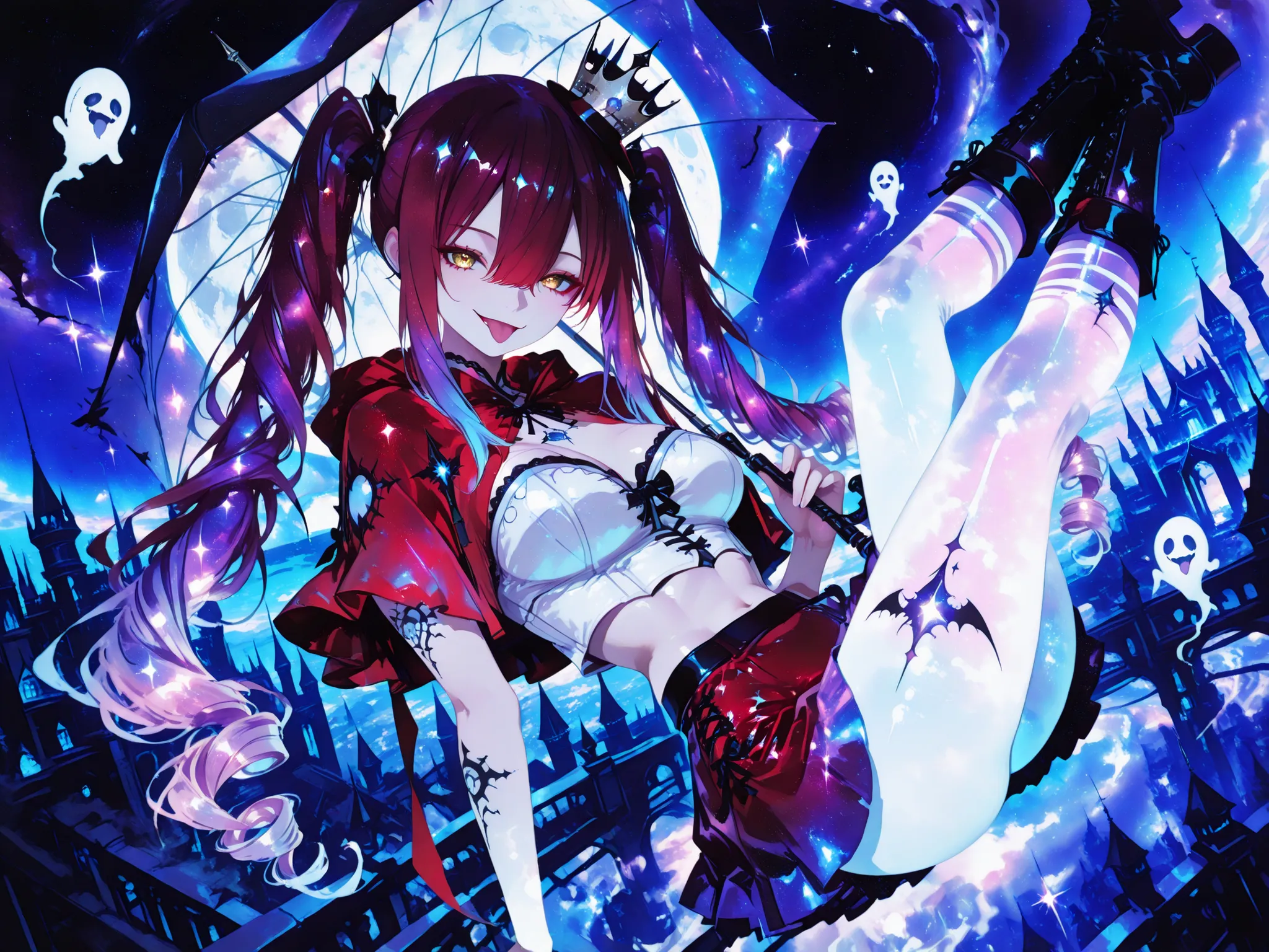((watercolor:1.5)), full body, dutch angle, smile,
1 girl, Ryu Shana, burgundy hair, very long hair, half-updo, hair between eyes, long sidelocks, golden eyes, medium breasts, very cute, petite, sexy looking at viewer,
from above, (a girl floating in a...