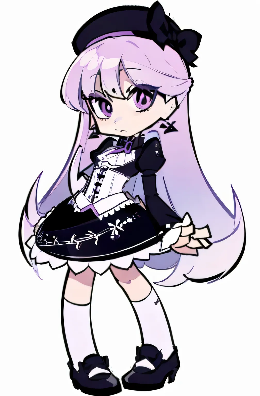 white hair、art by、 character painting style、beautiful、bow earrings、 white and purple 、knit、black beret、Full body Lesbian、white background、