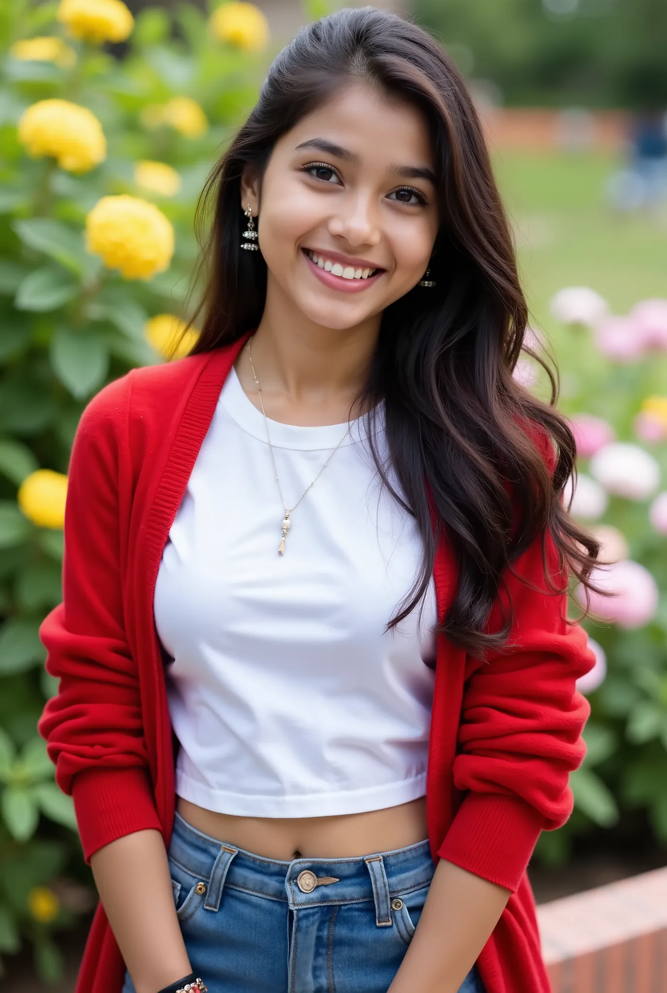 anaswarasdxl, cuteloli, Full image of a beautiful young girl smiling, Indian skin tone, light grey eyes, fox-eyelashes, silver color eyeshadow, glossy red lips. Her hairs are long, peach color, stylish and wavy. She is wearing a white round-neck t-shirt, r...