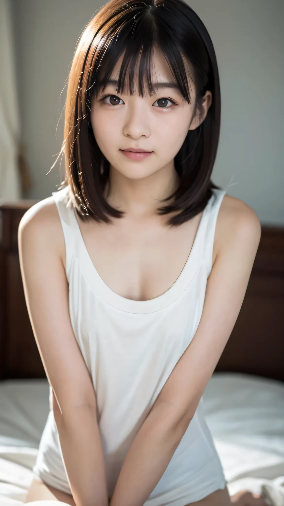 top quality, 8k, raw photos,award-winning portrait, solo, Idolface, delicate girl, upper body, dslr, stares at viewers, Candide, sophisticated design, Zola々right, smile, Thin Arms, Professional Lighting, film grain,  Color Difference, (The eyes and face ar...