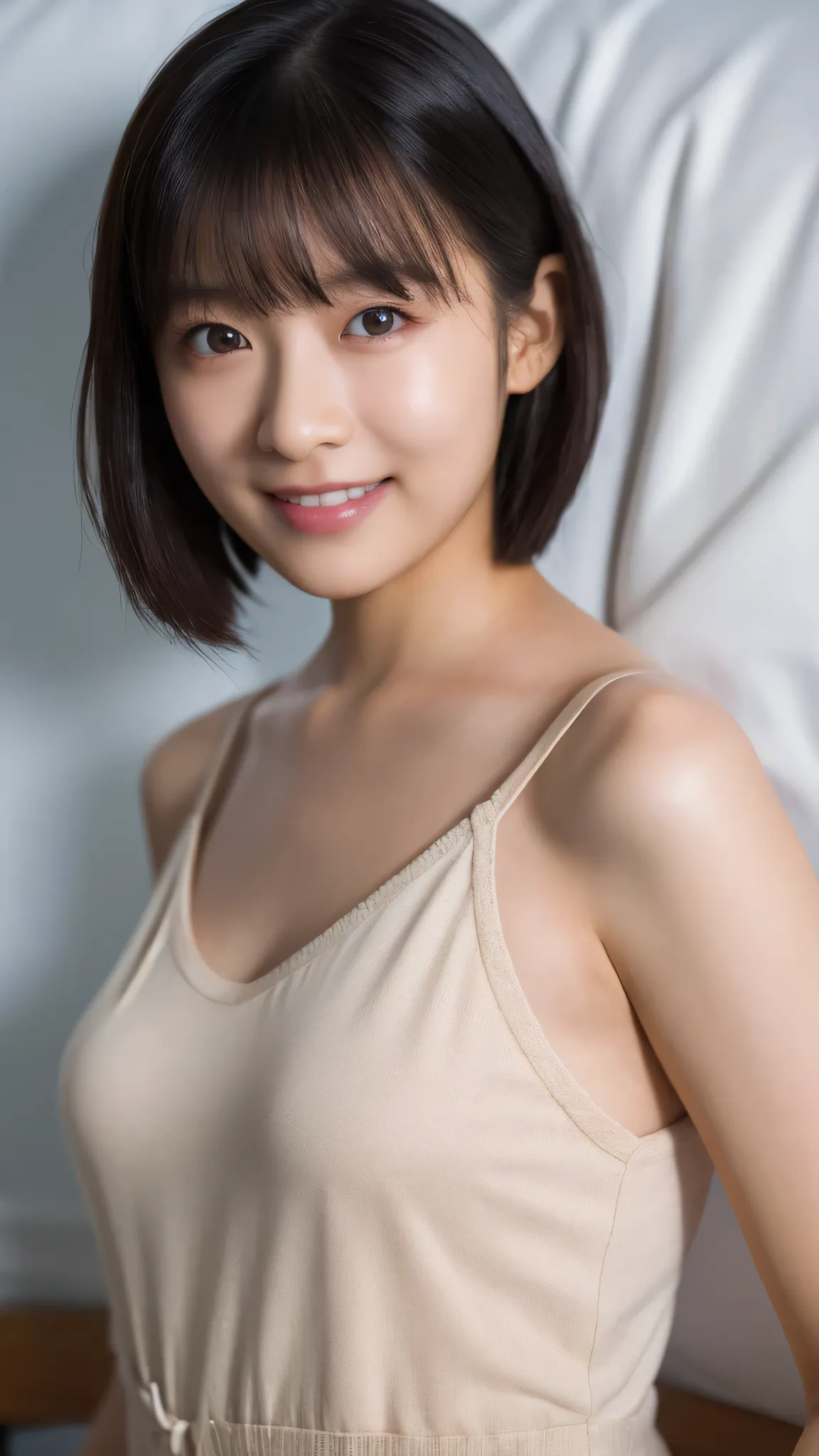 top quality, 8k, raw photos,award-winning portrait, solo, Idolface, delicate girl, upper body, dslr, stares at viewers, Candide, sophisticated design, Zola々right, smile, Thin Arms, Professional Lighting, film grain,  Color Difference, (The eyes and face ar...