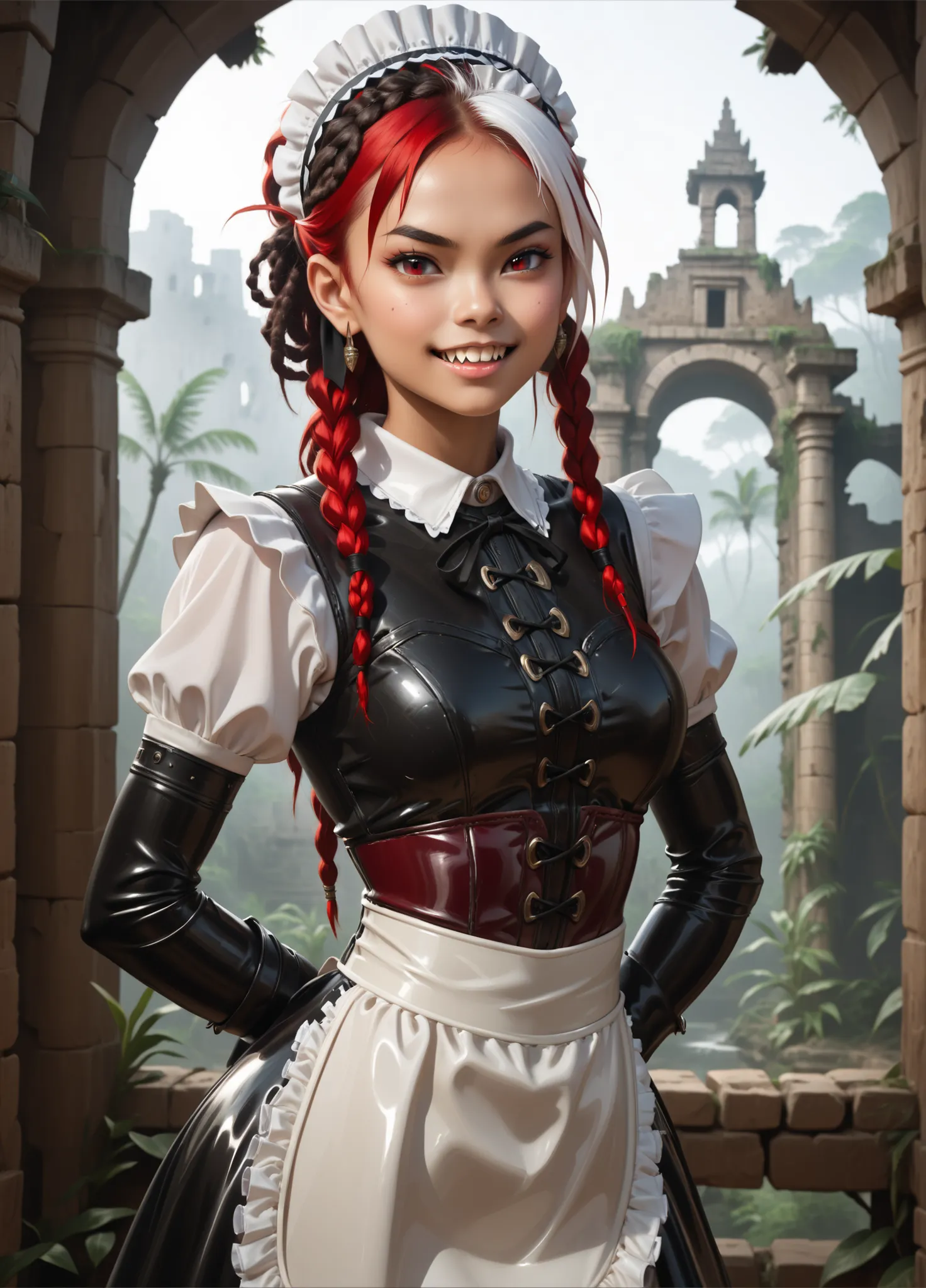 Curious expression. Slender body. Lean body-type. Marble-White skin. Cute 18-year-old Aztec and Indonesian girl with big Asian red eyes and unnaturally sharp teeth and dreadlocks (white and red hair). Intense red eyes. Sharp and shark-like teeth. She has a...