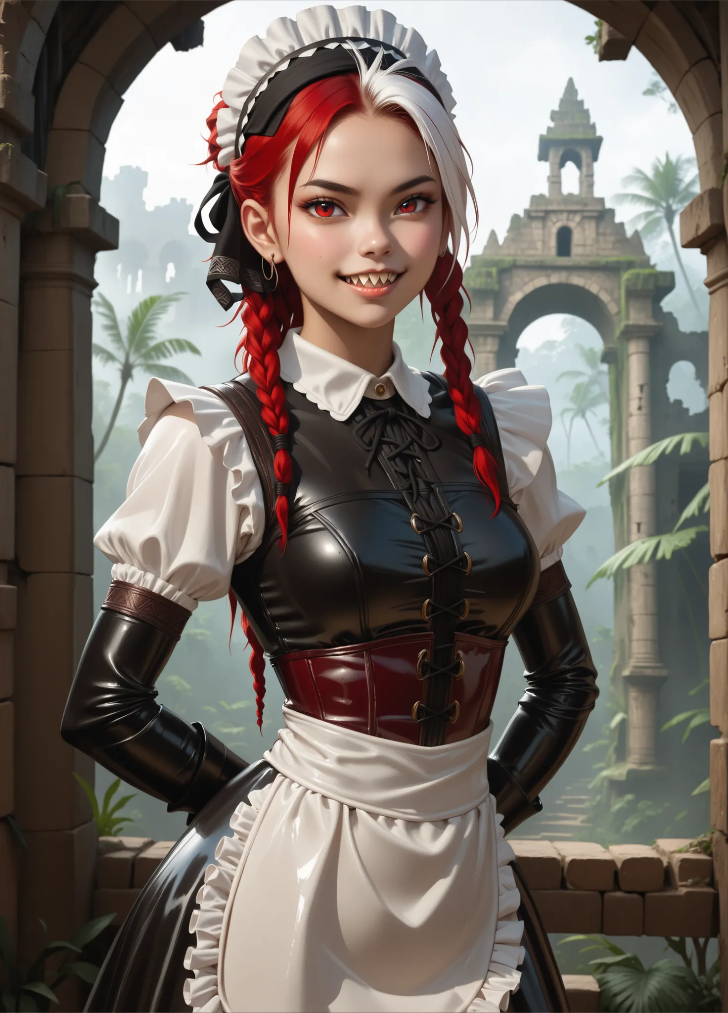 Curious expression. Slender body. Lean body-type. Marble-White skin. Cute 18-year-old Aztec and Indonesian girl with big Asian red eyes and unnaturally sharp teeth and dreadlocks (white and red hair). Intense red eyes. Sharp and shark-like teeth. She has a...