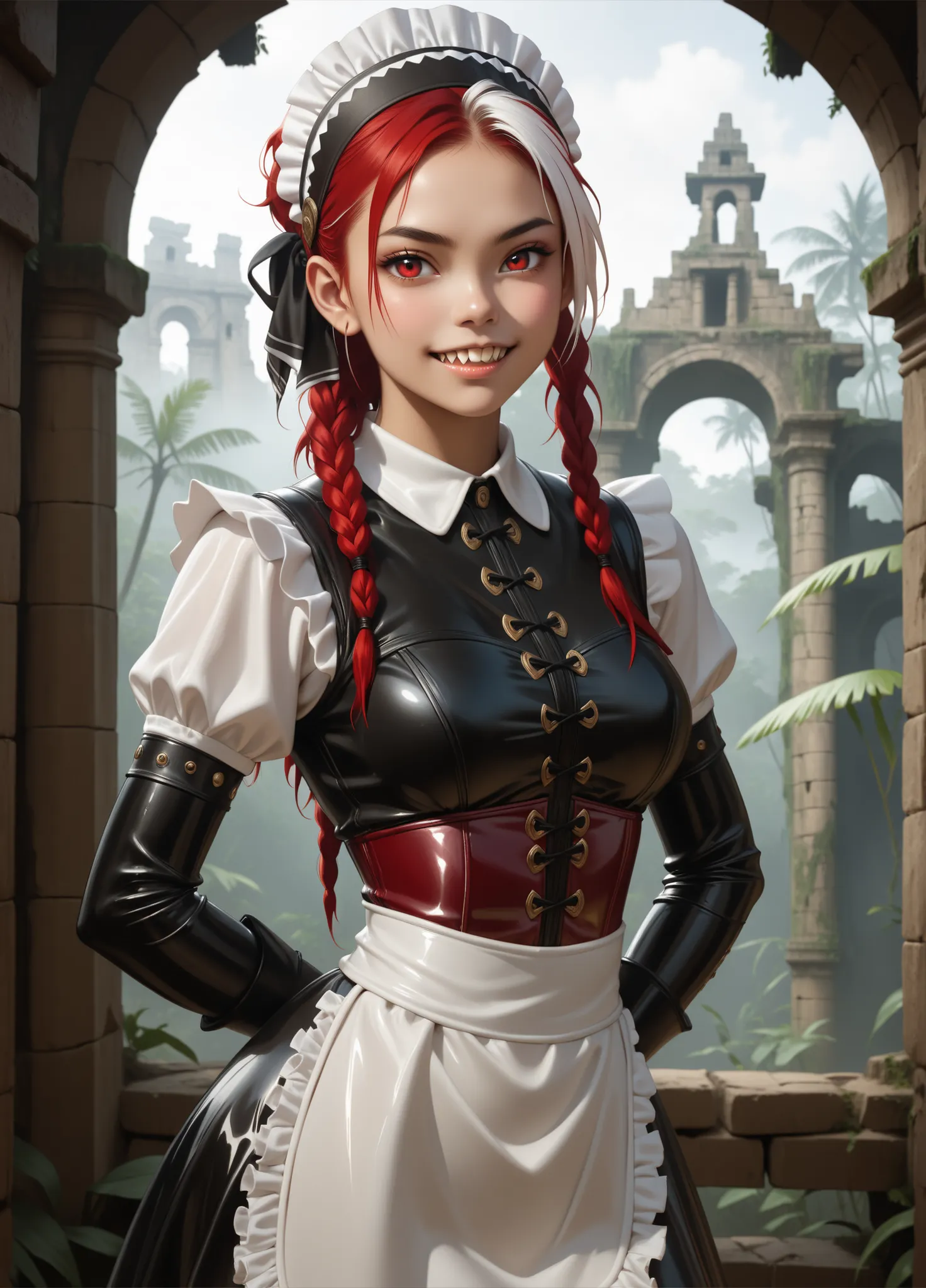 Curious expression. Slender body. Lean body-type. Marble-White skin. Cute 18-year-old Aztec and Indonesian girl with big Asian red eyes and unnaturally sharp teeth and dreadlocks (white and red hair). Intense red eyes. Sharp and shark-like teeth. She has a...