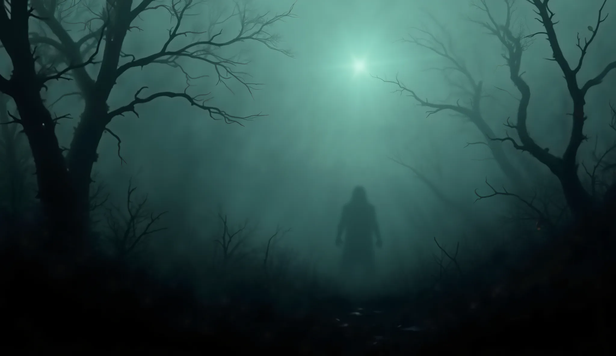 Eerie fog, creeping darkness, terrifying shadows, high detail, masterpiece.