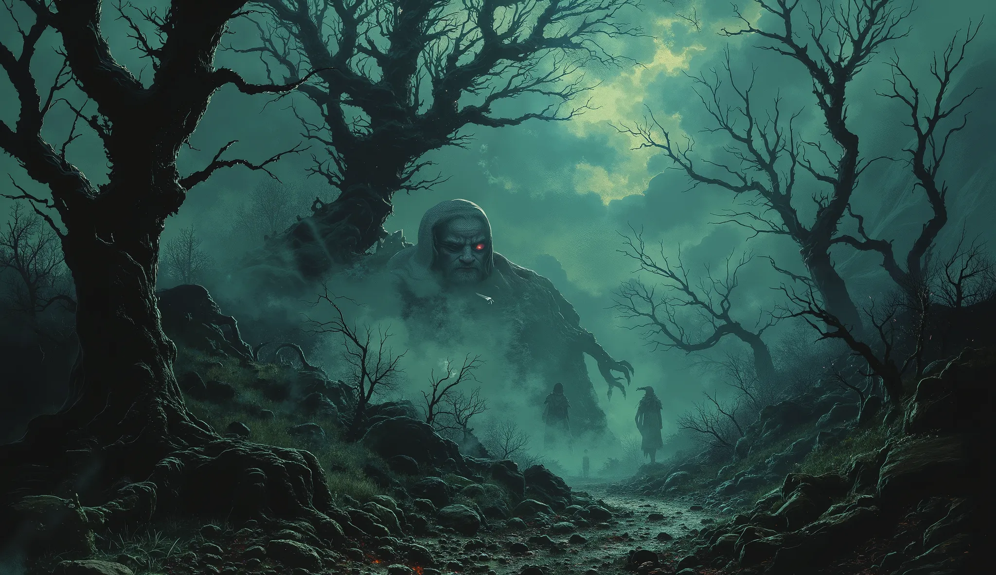 Eerie fog, creeping darkness, terrifying shadows, high detail, masterpiece.