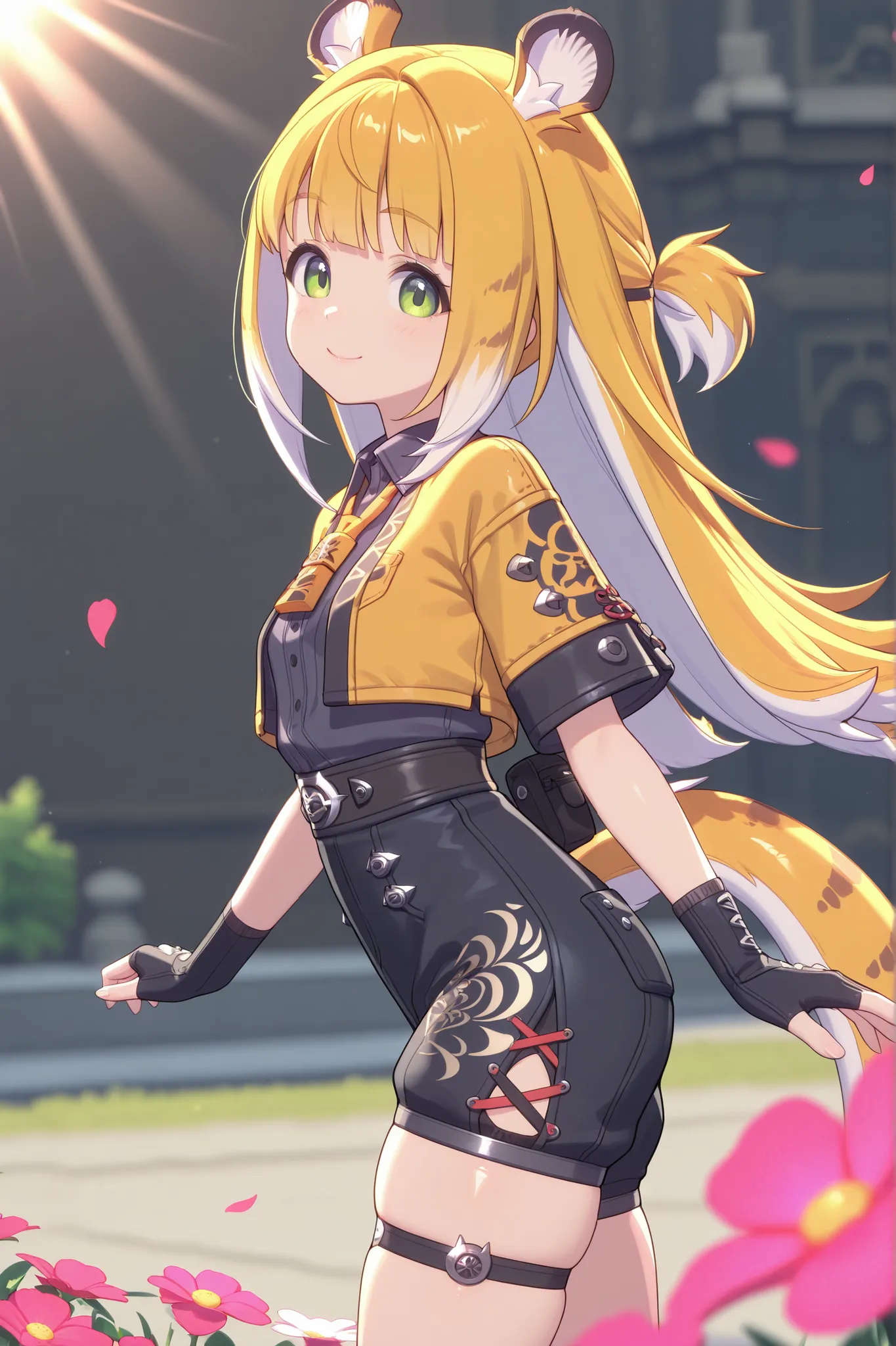 jufufu,1 girl, turned around, side view, looks at the viewer, focus lower body, smile
masterpiece, top quality, superb quality, is very beautiful, very high resolution, shiny skin, Shine, sun beam, flower petals on