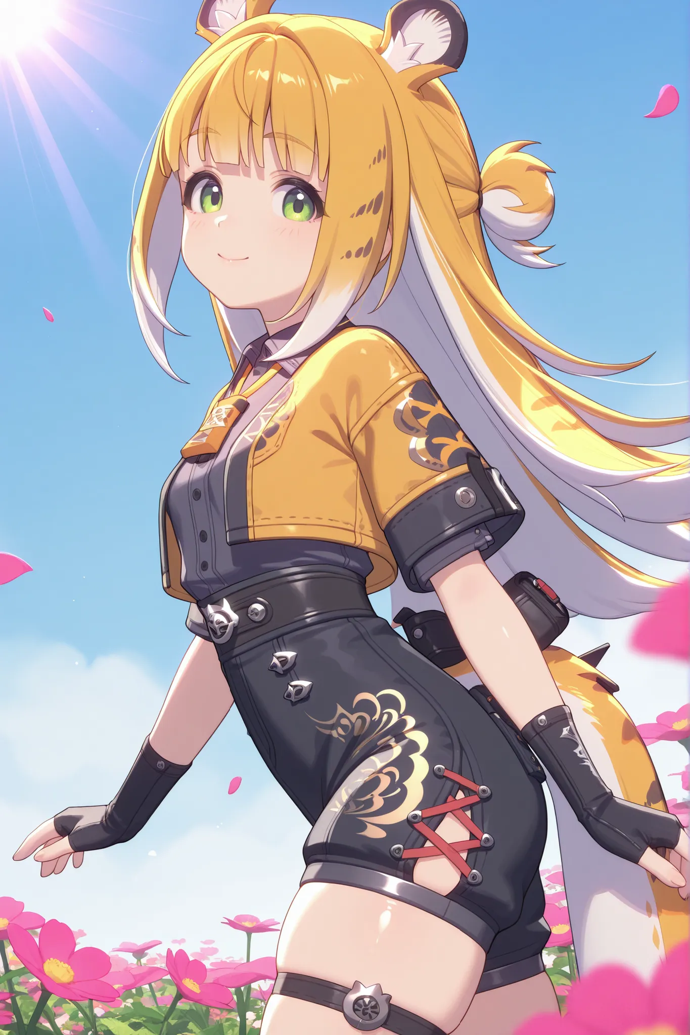 jufufu,1 girl, turned around, side view, looks at the viewer, focus lower body, smile
masterpiece, top quality, superb quality, is very beautiful, very high resolution, shiny skin, Shine, sun beam, flower petals on