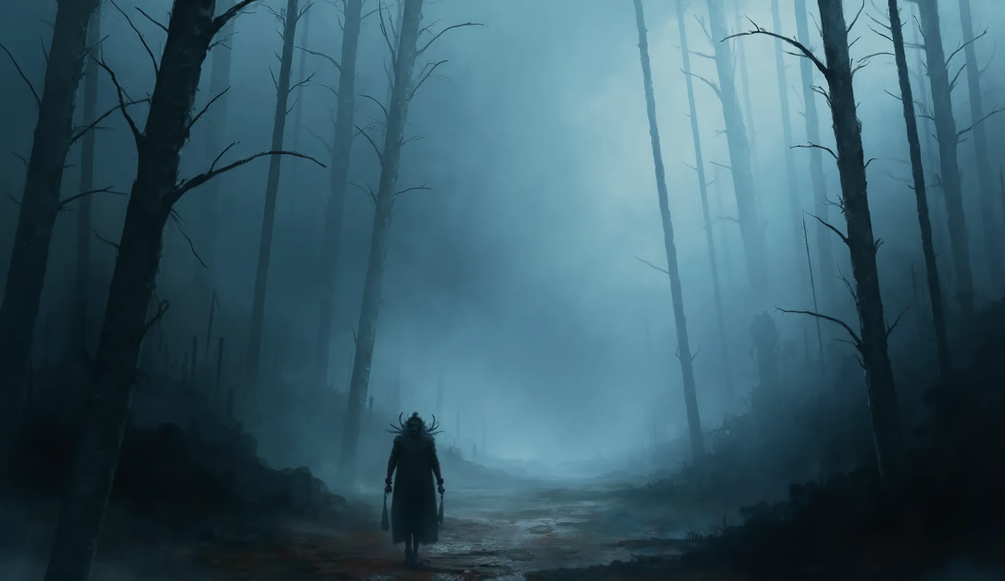 Eerie fog, creeping darkness, terrifying shadows, high detail, masterpiece.