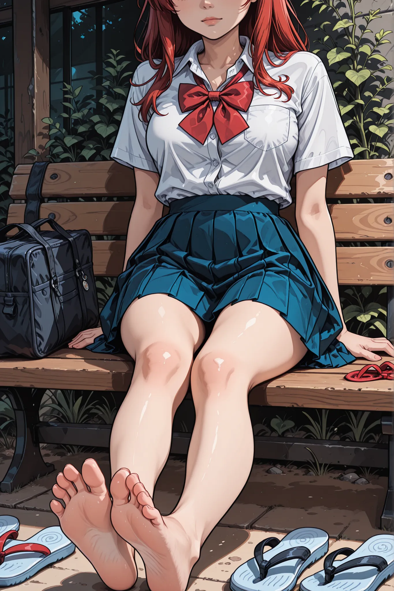 feet, head_out_of_frame, school_uniform, sitting, skirt, barefoot, outdoors, unworn_shoes, flip-flops, shirt, white_shirt, 1girl, pleated_skirt, bench, bow, sandals, solo, blue_skirt, red_bow, toes, unworn_sandals, long_hair, soles, bowtie