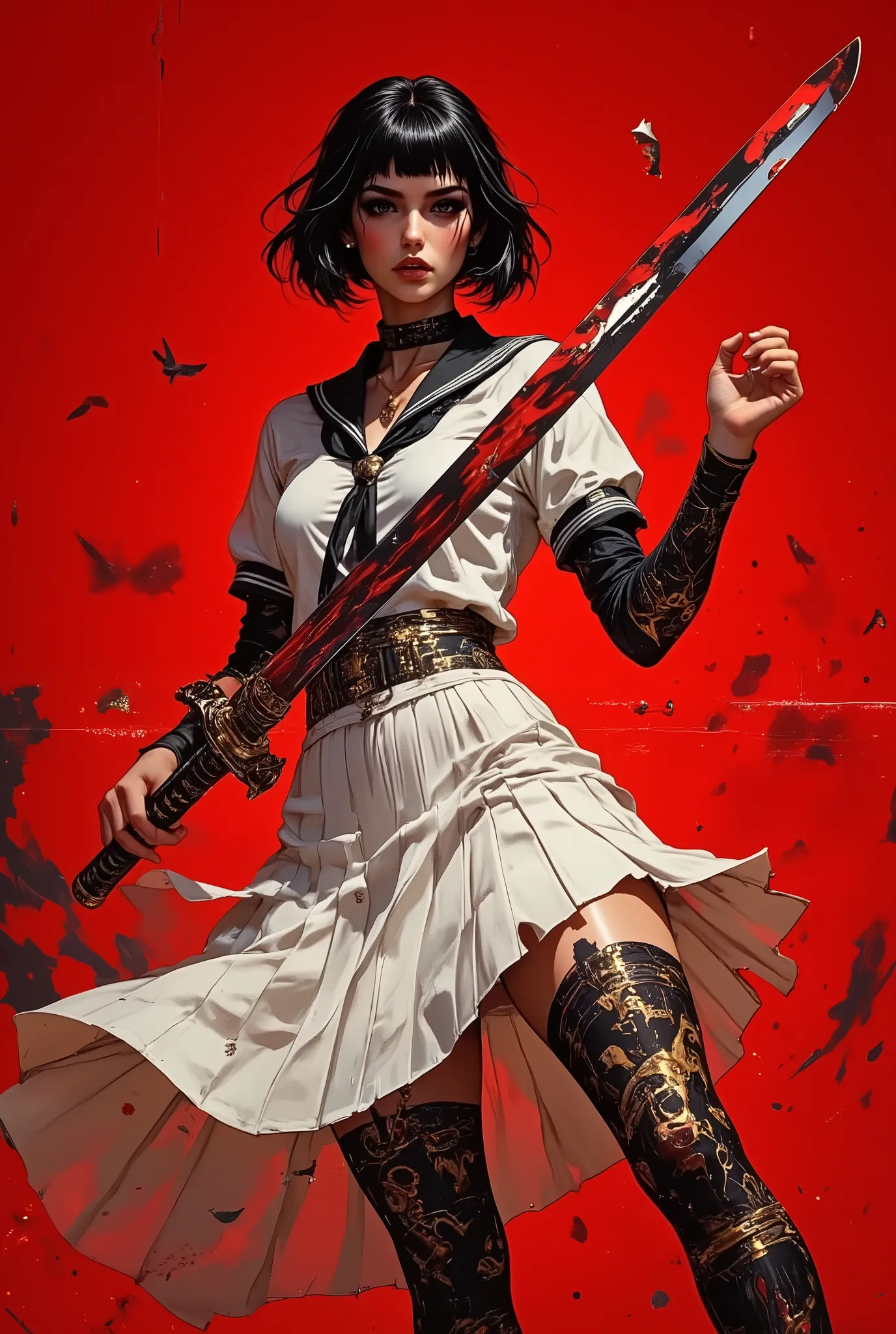 SRC,, Cinematic style, This is a highly detailed digital illustration blending anime and western art styles, depicting a fierce young woman with fair skin, a petite yet athletic frame, and a sleek bob-cut black hairstyle with blunt bangs. Her intense gaze ...