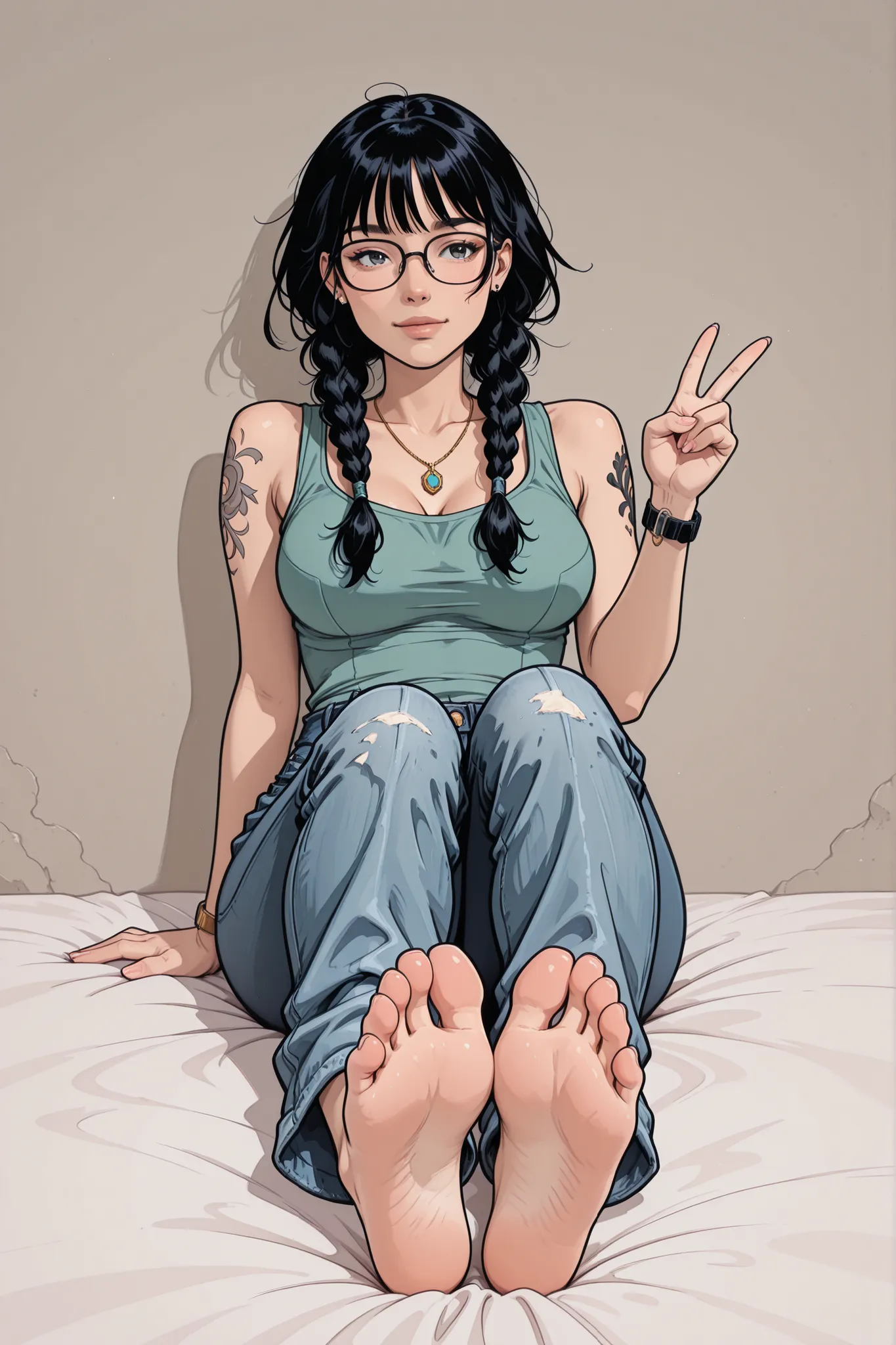 soles, feet, glasses, jewelry, black_hair, denim, tank_top, solo, v, braid, foot_focus, tattoo, barefoot, twin_braids, 1girl, pants, toes, jeans