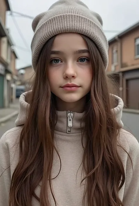 Dasha Taran Full body image of a fair-skinned girl, Fifteen-year-old wavy and smooth brown hair, beautiful and detailed eyes, face and extremely detailed features, long lashes, long flowing hair, ( fora), she's wearing a fleece jacket , sweatpants and wool...