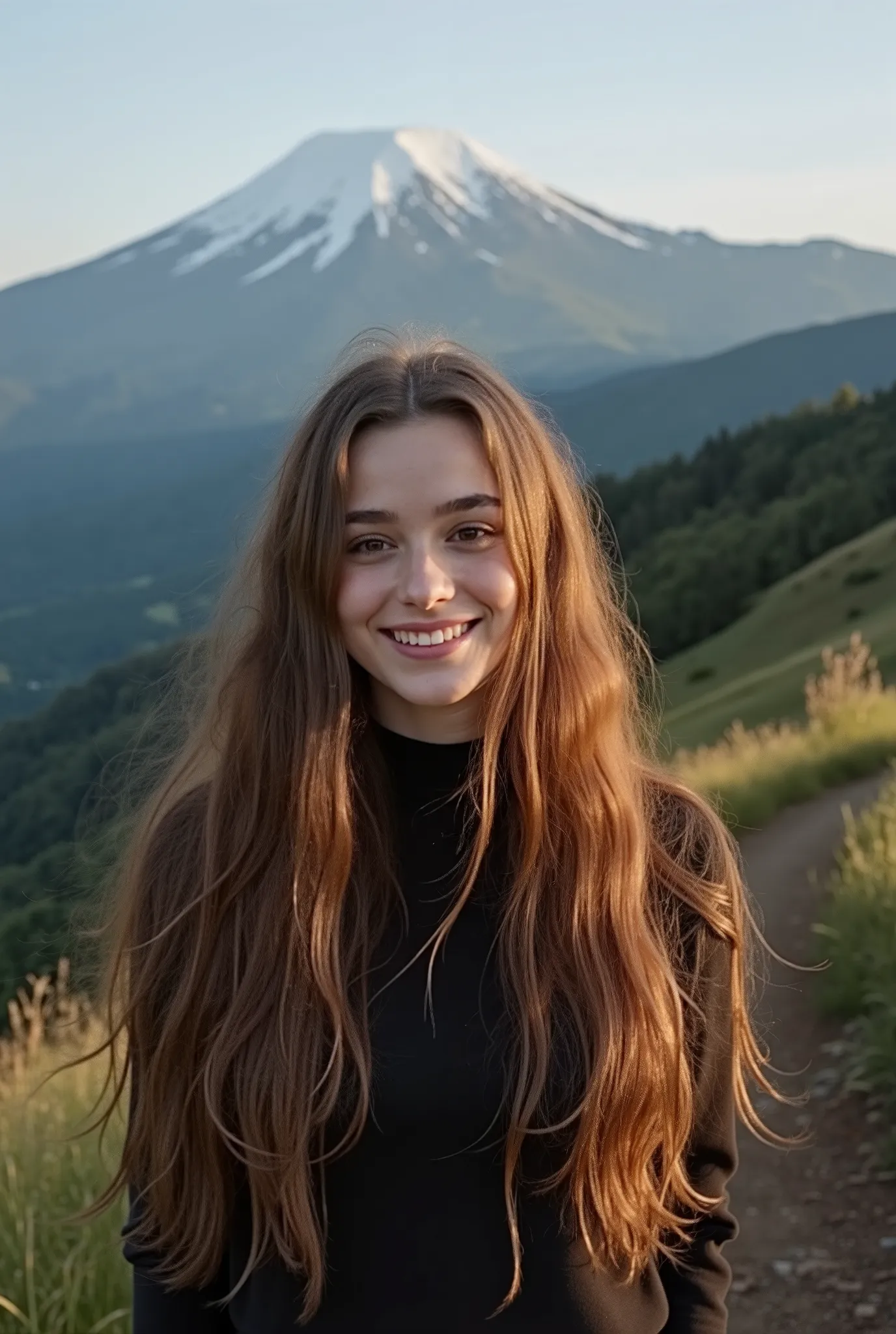 Dasha Taran, corpo inteiro, feliz)), mestra, melhor qualidade, ultra-detalhado, only, ao ar livre, (noite), mountain lens reflections, natureza, (estrelas, lua) alegres, feliz, mochila, saco de dormir, camping stove, water bottle, tight black yoga pants...