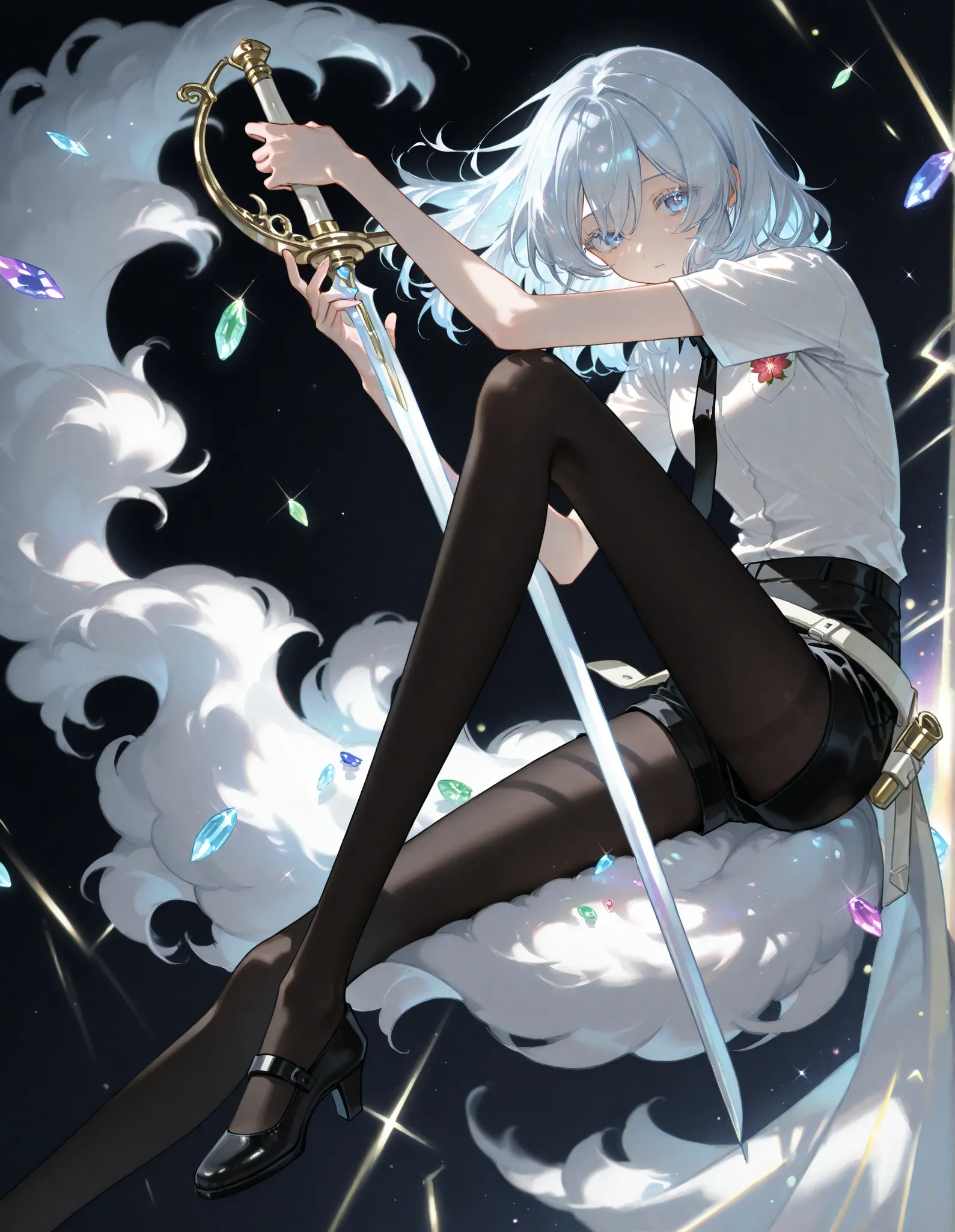 Gem Country Style Drawing、Larimer、Light Blue Loose Fluffy Medium Hair、Saggy Eyes、Downcast、has long lashes、sexy、older sister、Black Clothes、White Cutter Shirt、black tie、black shorts with a sword around the waist、black tights、long legs