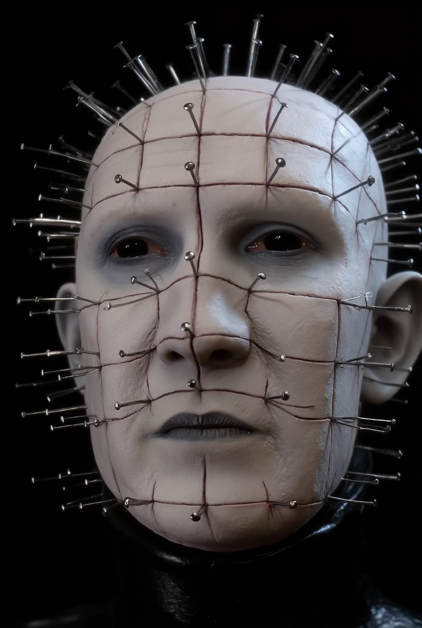 Hellraiser, Pinhead portrait, profile, macabre horror, darkness background, high detail, masterpiece.