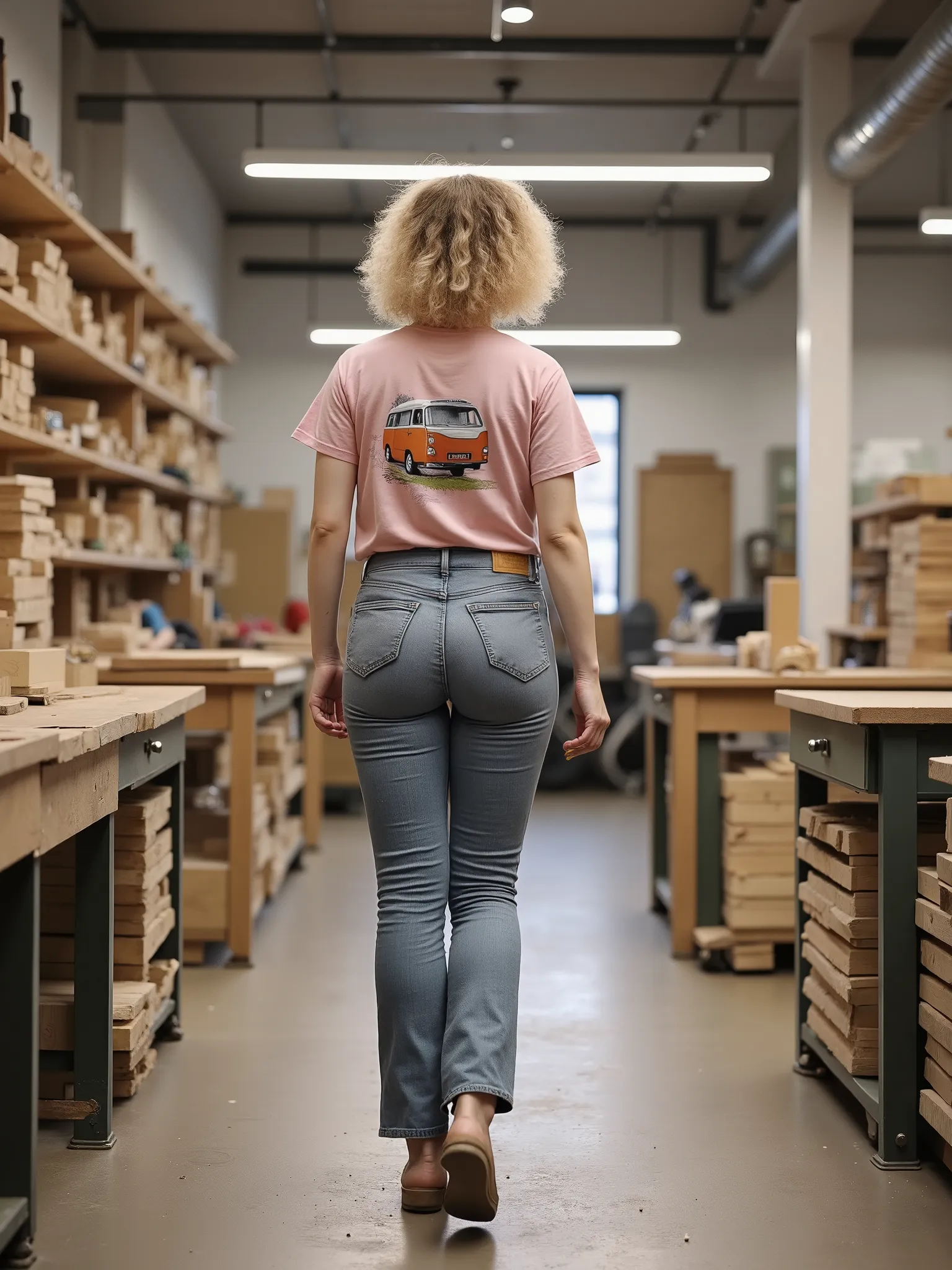 Ultra-realistic image of a young woman walking slowly through a vintage-style woodworking shop, seen from behind. She is mid-step, creating a natural sense of movement as she strolls past a row of aged wooden workbenches and vintage tools. She wears light-...