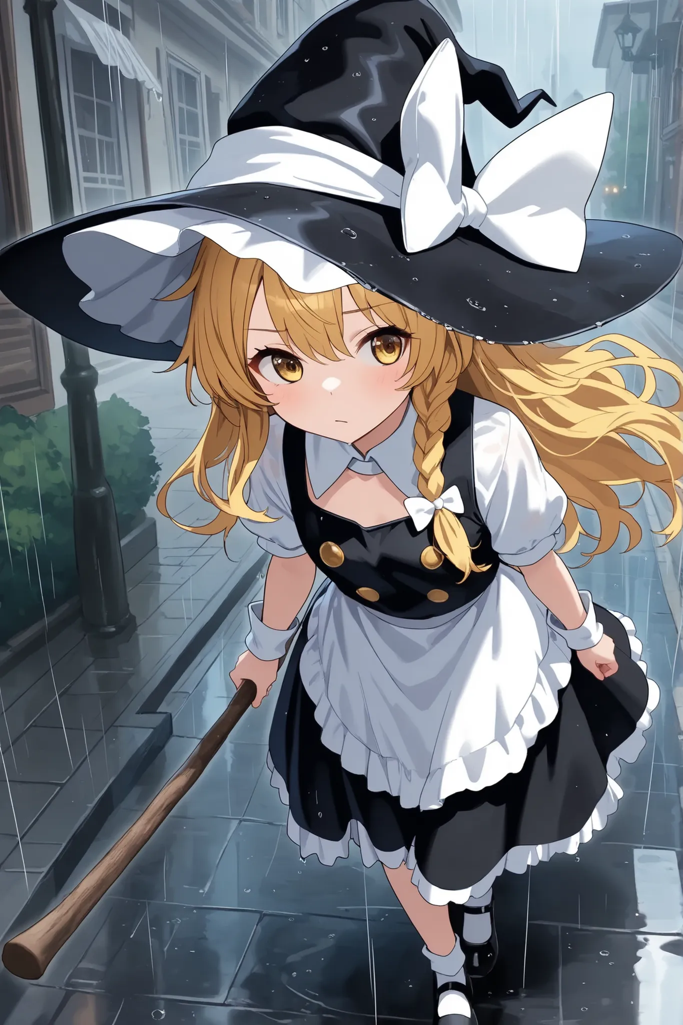 (Quality, 4k, A High Resolution, Masterpiece), Marisa Kirisame, blonde hair, long hair, side braid, golden eyes, black witch dress, white collar, white cuffs, white apron-like front, black pointy witch hat, white ribbon on hat, black Mary Janes, walking on...