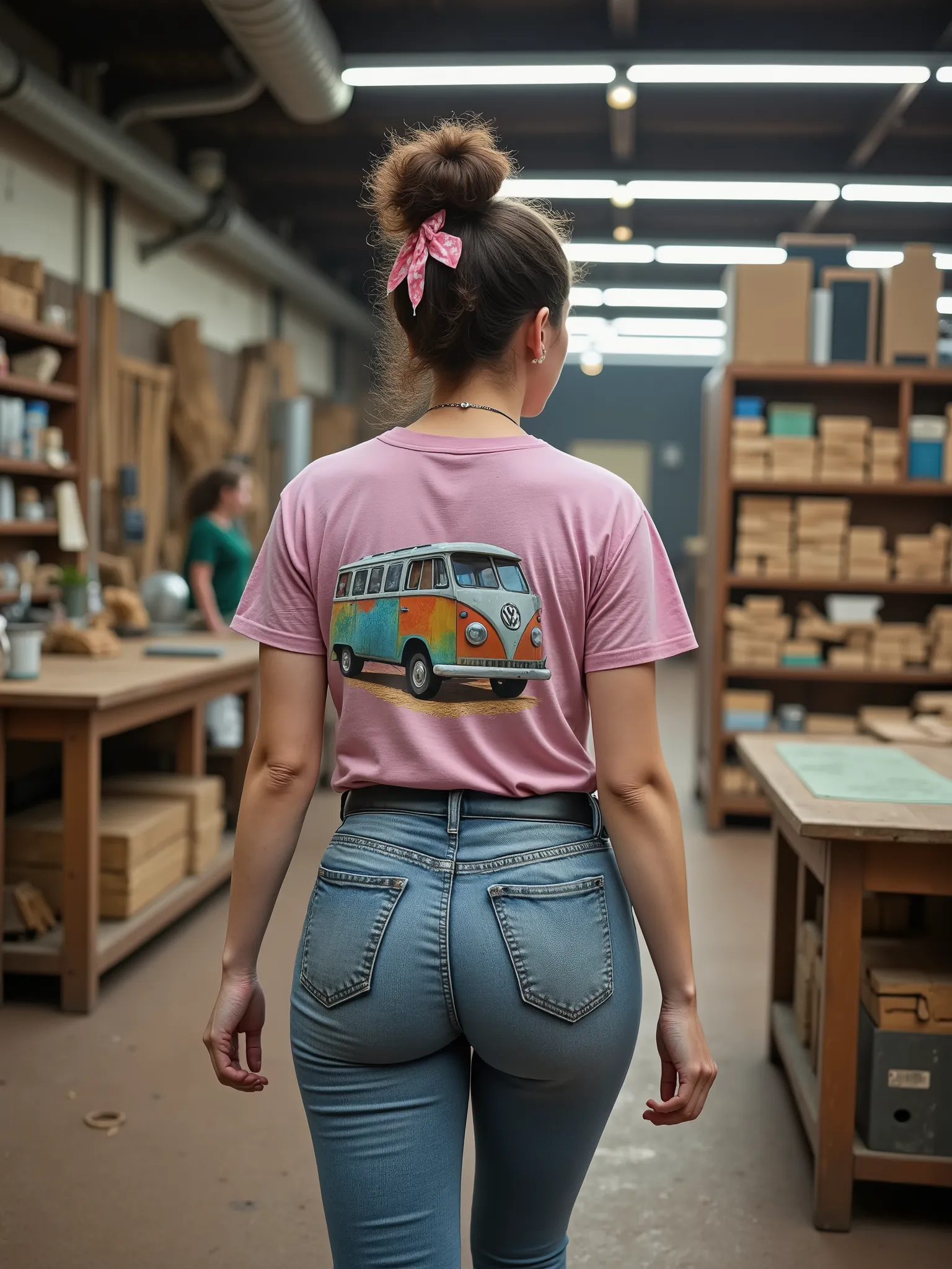Ultra-realistic image of a young woman walking slowly through a vintage-style woodworking shop, seen from behind. She is mid-step, creating a natural sense of movement as she strolls past a row of aged wooden workbenches and vintage tools. She wears light-...