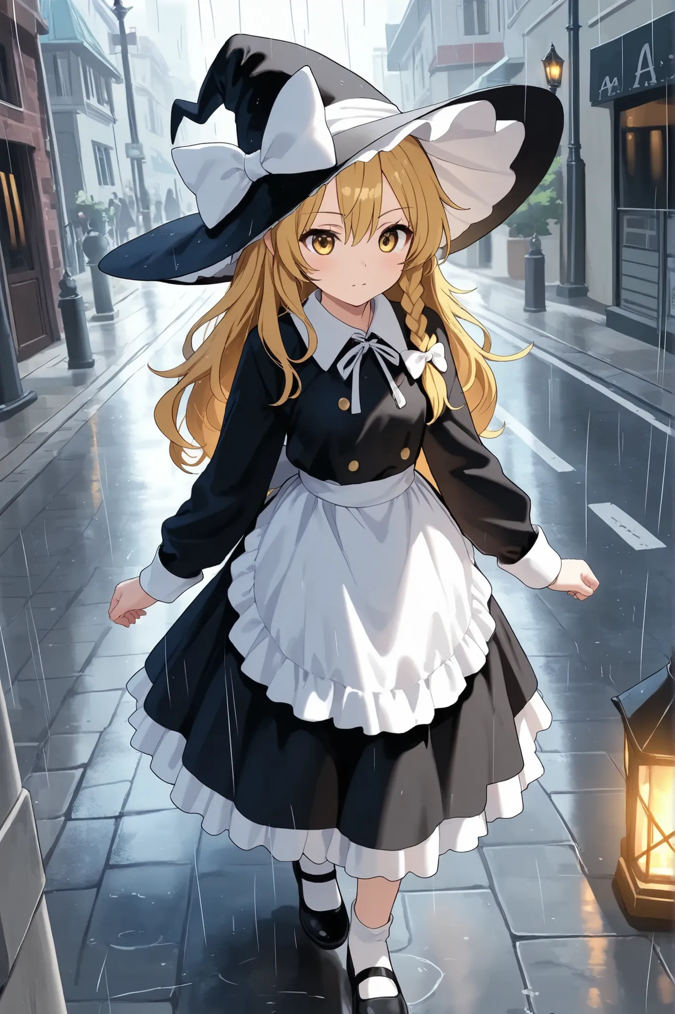 (Quality, 4k, A High Resolution, Masterpiece), Marisa Kirisame, blonde hair, long hair, side braid, golden eyes, black witch dress, white collar, white cuffs, white apron-like front, black pointy witch hat, white ribbon on hat, black Mary Janes, walking on...
