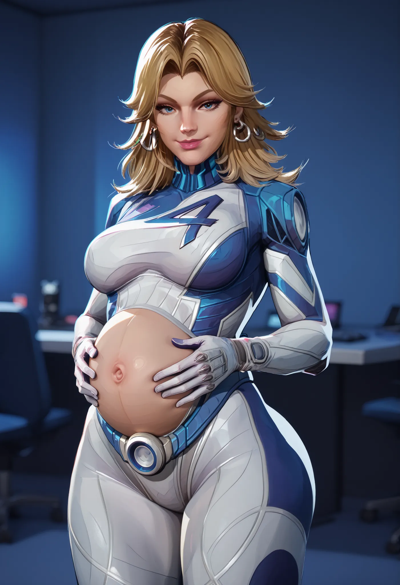 score_9 , score_8_up , score_7_up,, eyeliner, blue eyes, r1vals., standing. side view, PONYXL_MarvelRivalsSueStorm_ownwaifu,, (touching belly:1.5), (((touching belly))). preggo, big preggo belly, pregnant,,1girl, blue belt, blue bodysuit, flipped hair, lon...