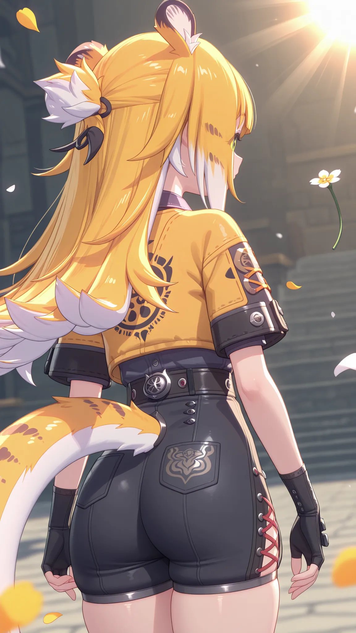 jufufu,1 girl, focus on hips , from behind, turning away, The lower part of the body))
masterpiece, top quality, superb quality, is very beautiful, very high resolution, shiny skin, Shine, sun beam, flower petals on