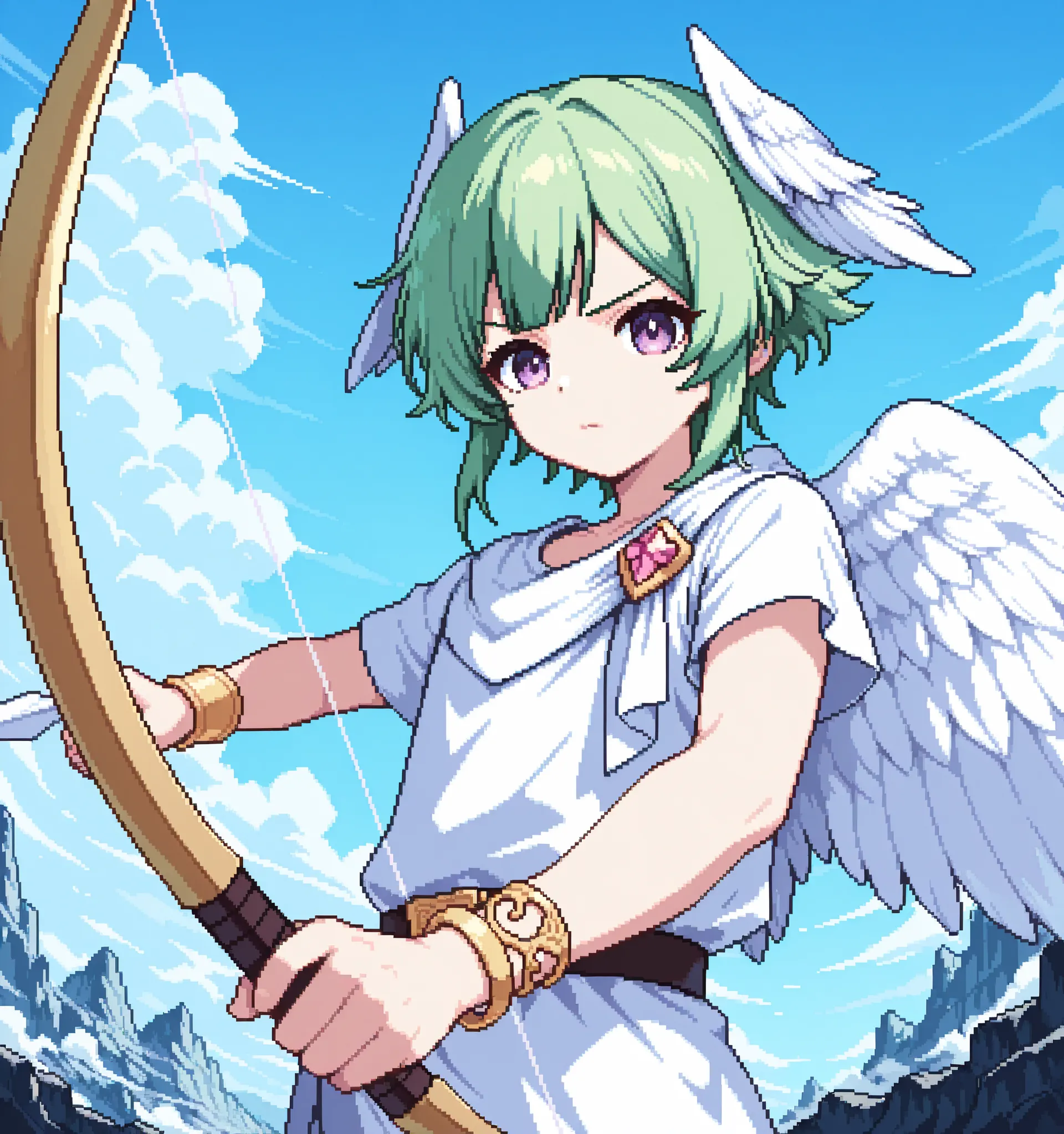 score_9, score_8_up, score_7_up, source_anime, androgynus , solo, pixel art, cupid, 1boy, solo, otoko_no_ko BREAK
Green hair, bangs, purple eyes, young boy BREAK
Greek clothes, white outfit, angel wings, head wings, bracelet, feathered wings BREAK
Lo...