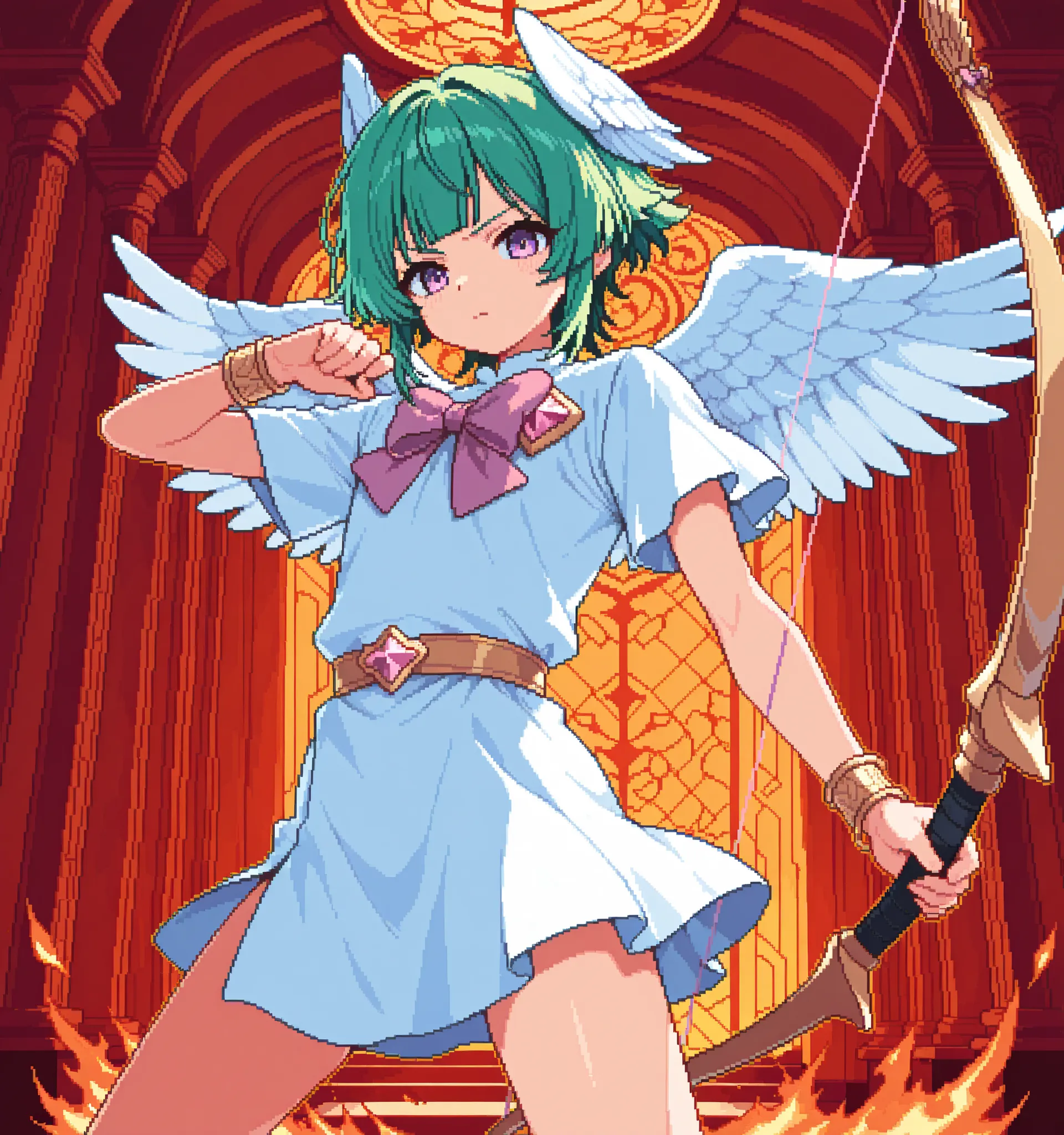 score_9, score_8_up, score_7_up, source_anime, androgynus , solo, pixel art, cupid, 1boy, solo, otoko_no_ko BREAK
Green hair, bangs, purple eyes, young boy BREAK
Greek clothes, white outfit, angel wings, head wings, bracelet, feathered wings BREAK
Lo...
