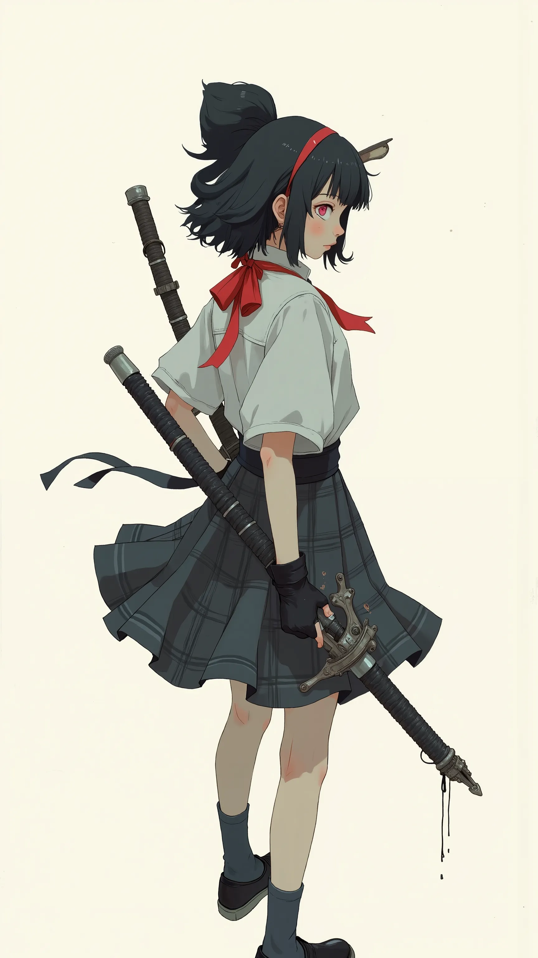 Like、emphasizes dynamic action through drastic motion lines that follow the path of the weapon {X} young woman is depicted。. 彼女の服装teeth女子高生の制服, にteeth黒いブレザーが描かれています, white shirt , and a plaid skirt. A bold red ribbon creates contrast, black loafer shoes、da...