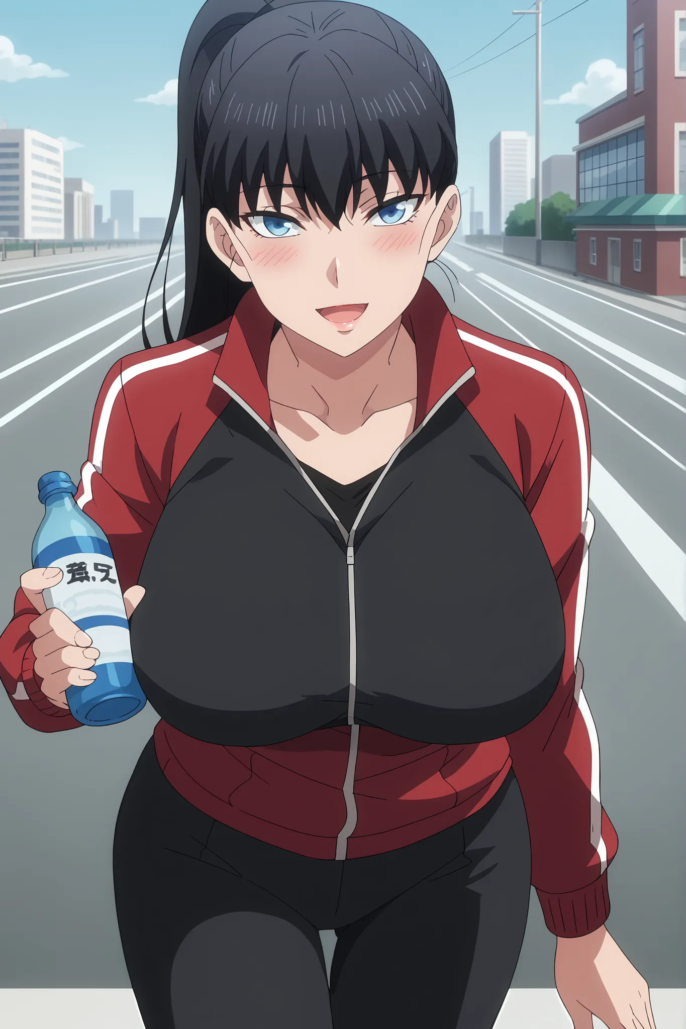 look at viewer,score_7_up, anime screencap,
1girl, adult female, open mouth, light smile, solo, lipstick, blush,
ponytail, long hair, black hair, blue eyes,
ToudouAkira, Sexy, outdoors , track jacket , brown eyes , black pants , track suit , black shirt , ...