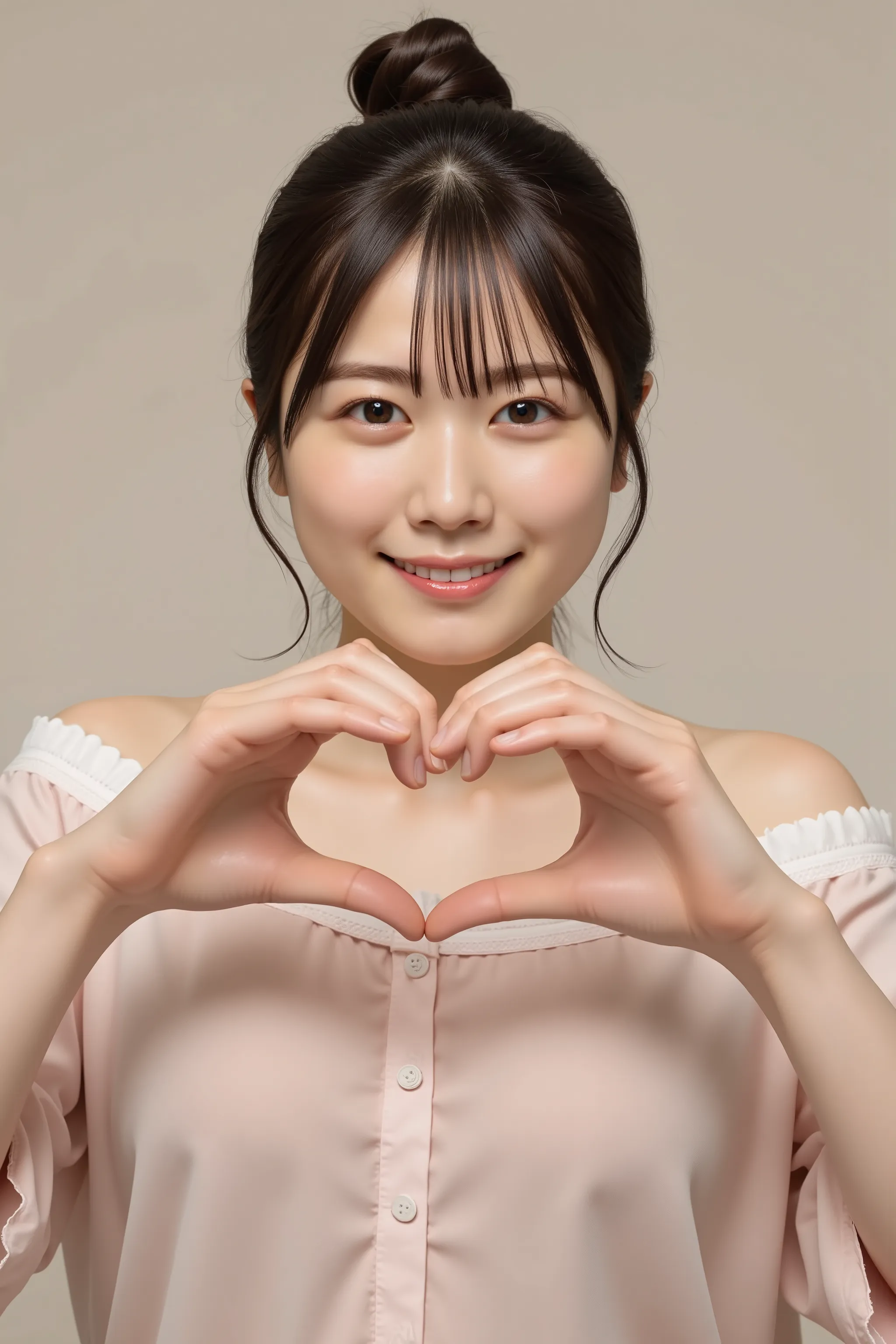 They are wearing off-shoulder pajamas, making a firm big heart shape with both hands, and holding them in front of their chest, View above collarbone、Throat up for a cute smile、Monotone background

