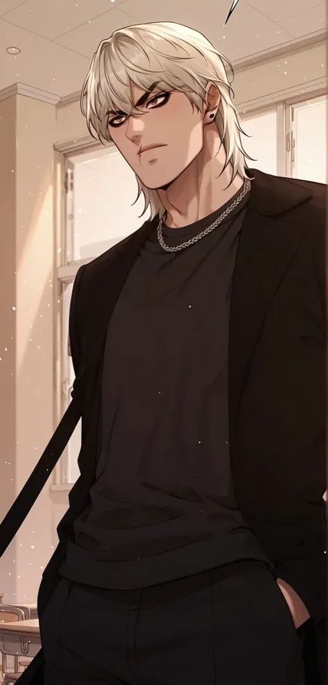 jaehahan, He has tousled platinum blonde hair that falls slightly over his sharp eyes, a chiseled jawline with a light tan complexion, a small earring in his left ear, and an intense, brooding expression. He wears a sleek black outfit consisting of a long ...