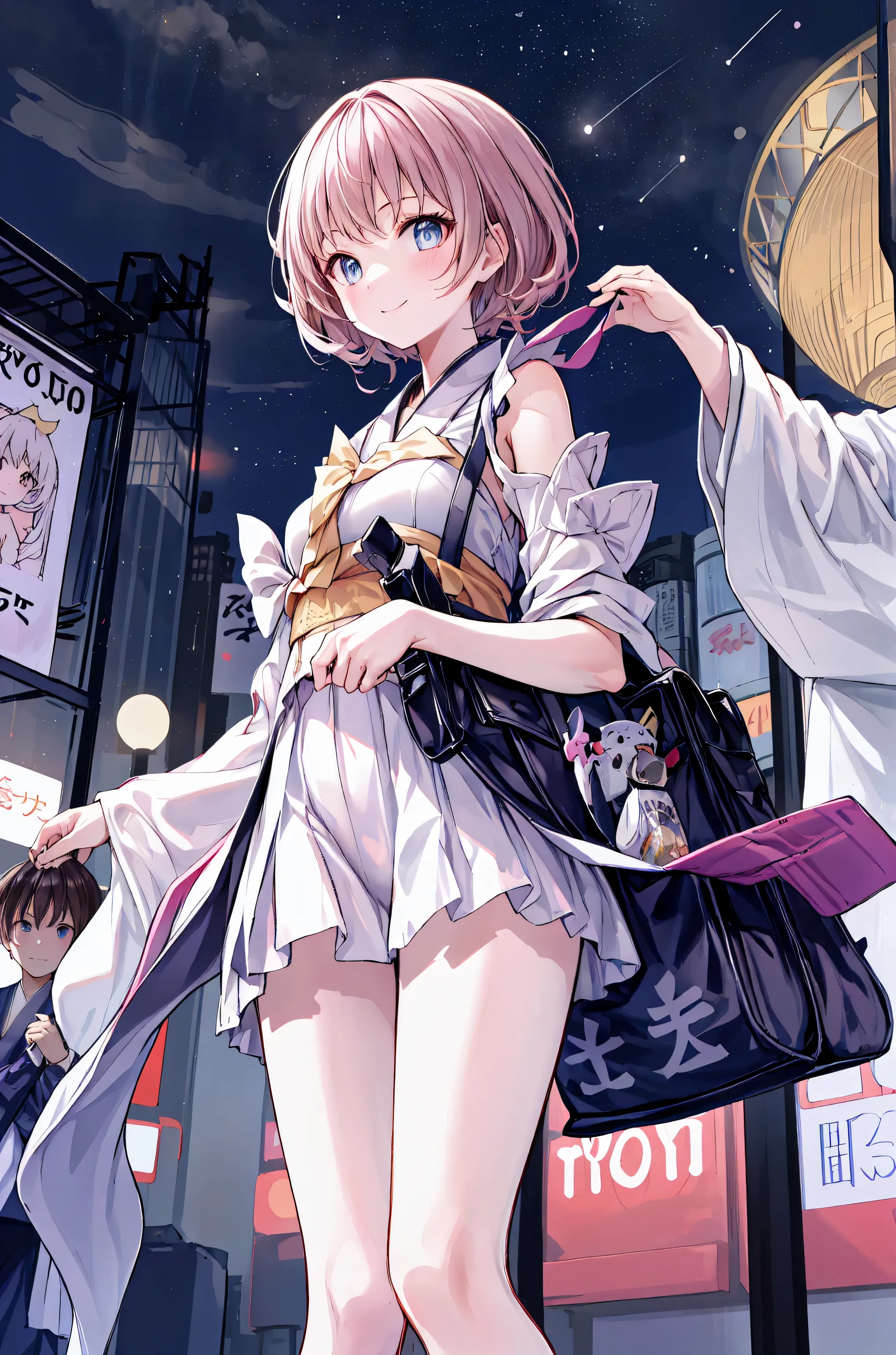 (( masterpiece)), ((top quality)), ((top quality)), (( very detailed)), ((8k CG wallpaper)), ((Very Delicate and Beautiful)), ((shape)), (high resolution), girl on the left、((( Tokyo の風景:2.0)))、((( Tokyo tower:3.0))),Around Town , Trendy clothin...