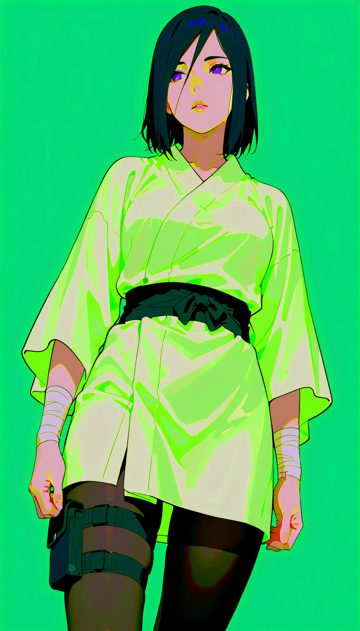 (((IZUMI NASE)))) walking confidently through a war field. The art style should closely match that of Naruto or similar shounen anime, with clean linework and soft shading. ((Solo)), ((white haori)), with layered leg accessories (bandages, thigh pouch, dar...