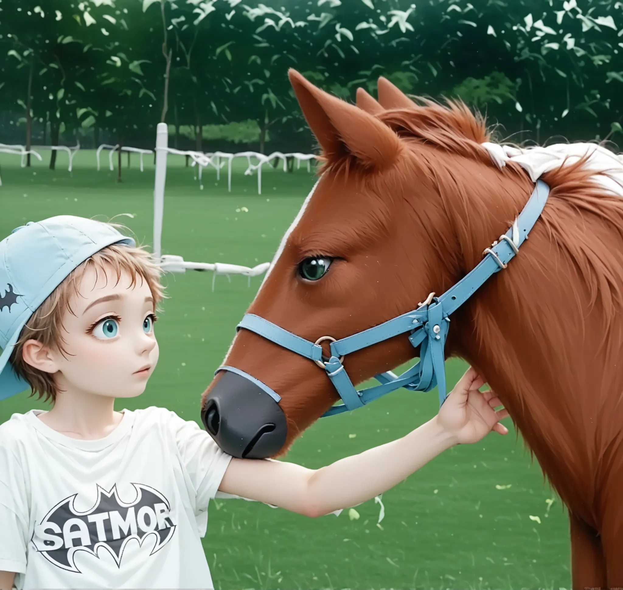 A heartwarming rural moment unfolds as a young boy, wearing a pastel green T-shirt emblazoned with a playful Batman logo and a backwards light blue cap adorned with cartoonish eyes, gently reaches out to caress the muzzle of a chestnut foal. The foal, fitt...