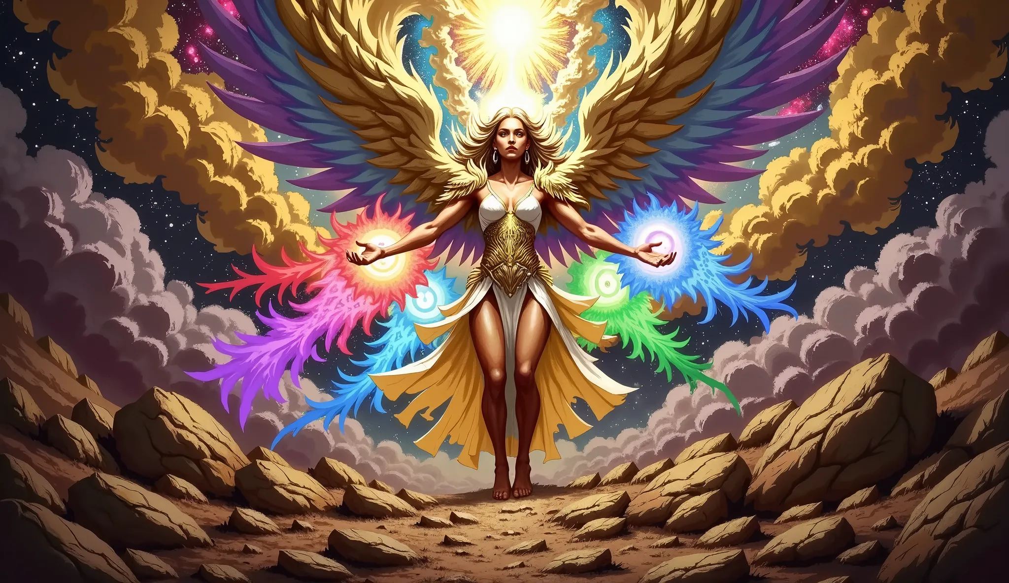 High-resolution digital artwork, cinematic masterpiece, epic scale, concept art. Depict a powerful celestial angel (or group of angels, if desired), in a dynamic, action-oriented pose, poised for divine intervention or protection. Their form radiates immen...